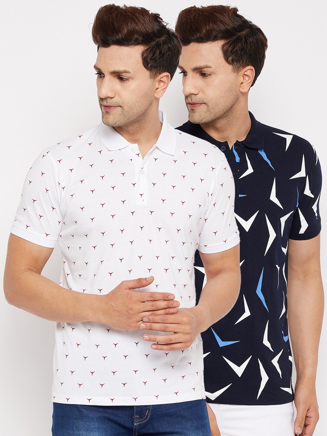 

WILD WEST Men Navy Blue & White Pack Of 2 Printed Polo Collar T-shirts