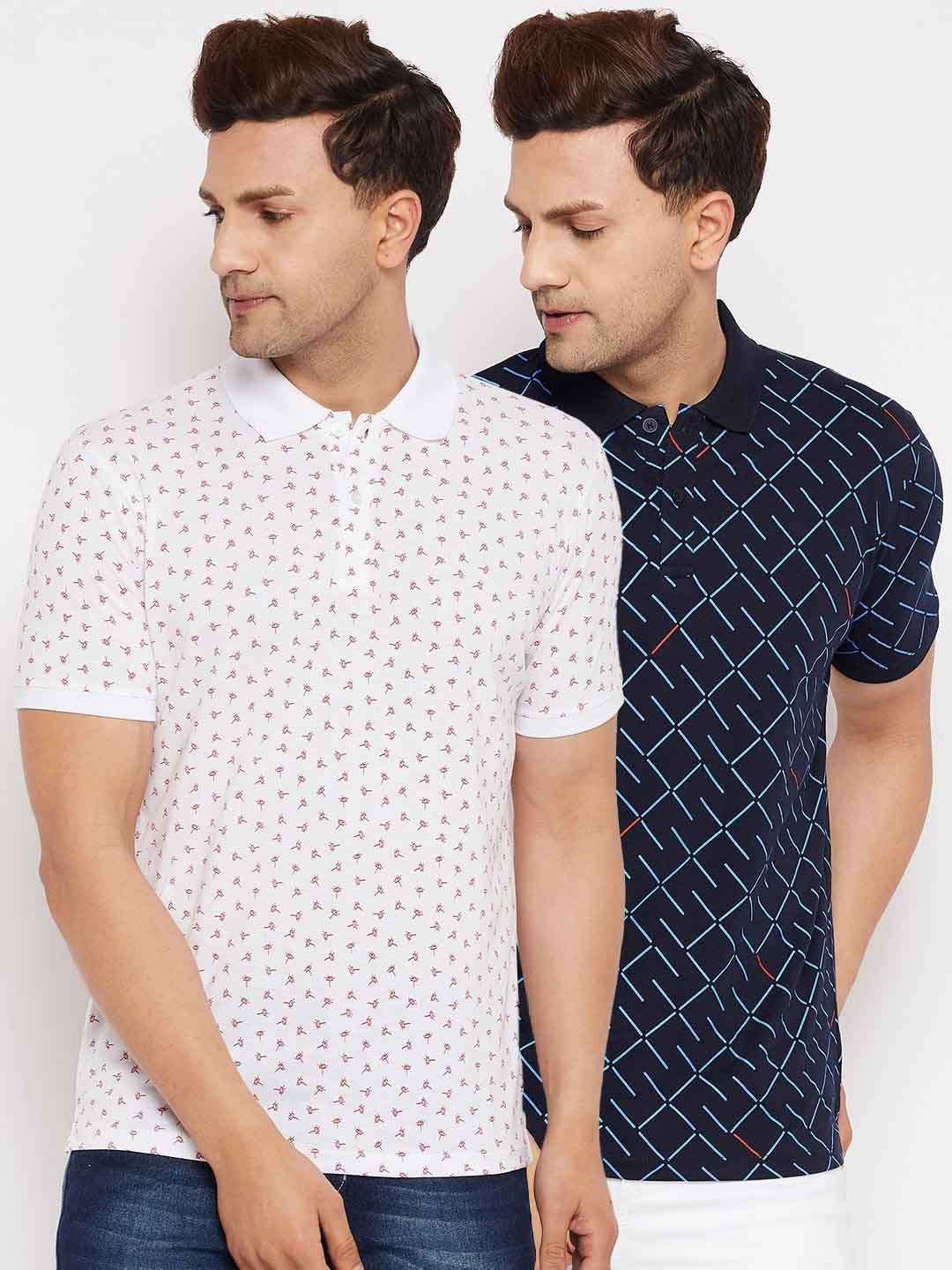 

WILD WEST Men White & Navy Blue Pack of 2 Printed Polo Collar T-shirt