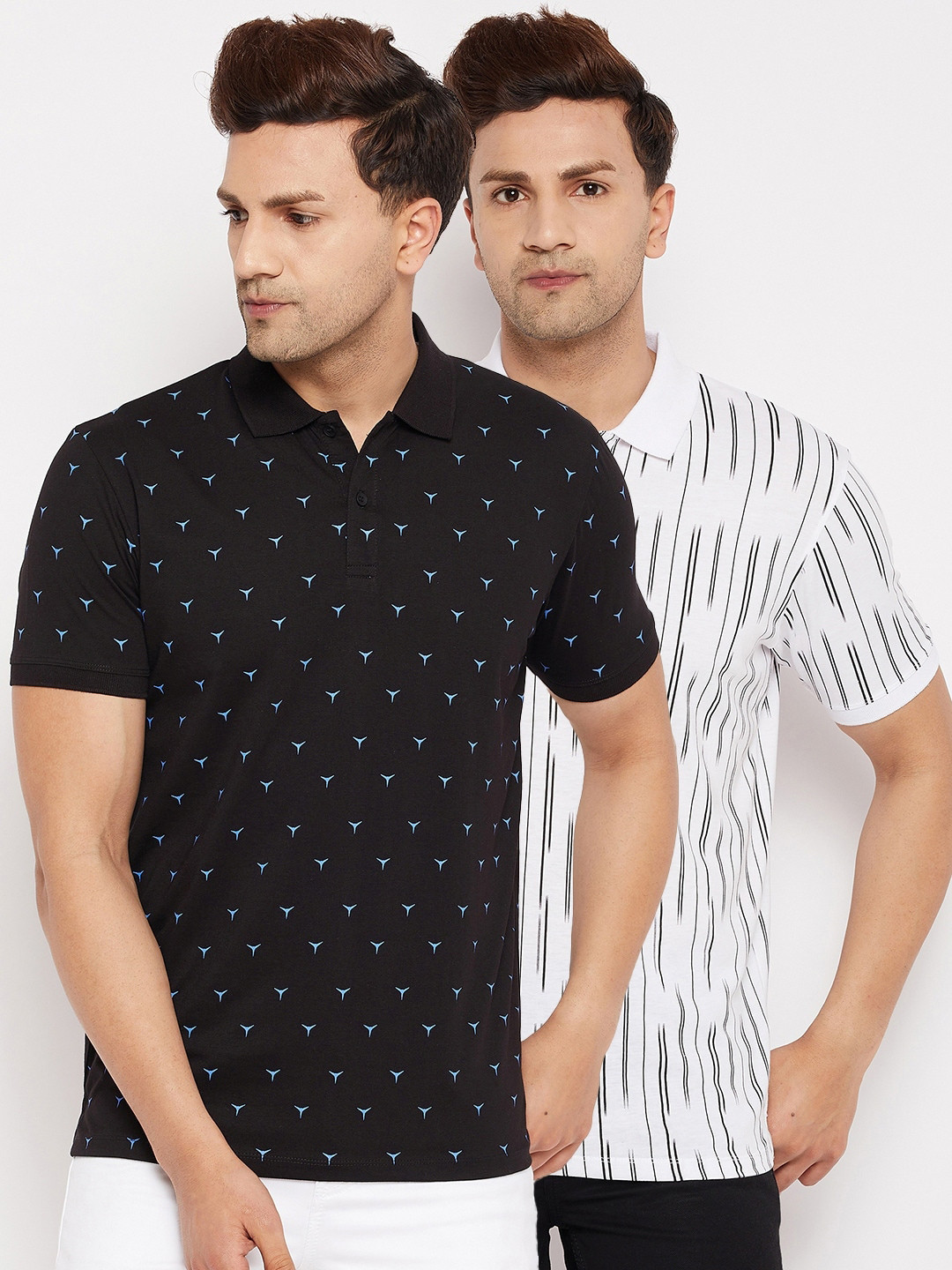 

WILD WEST Men Black & White Set Of 2 Printed Cotton Polo Collar T-shirt