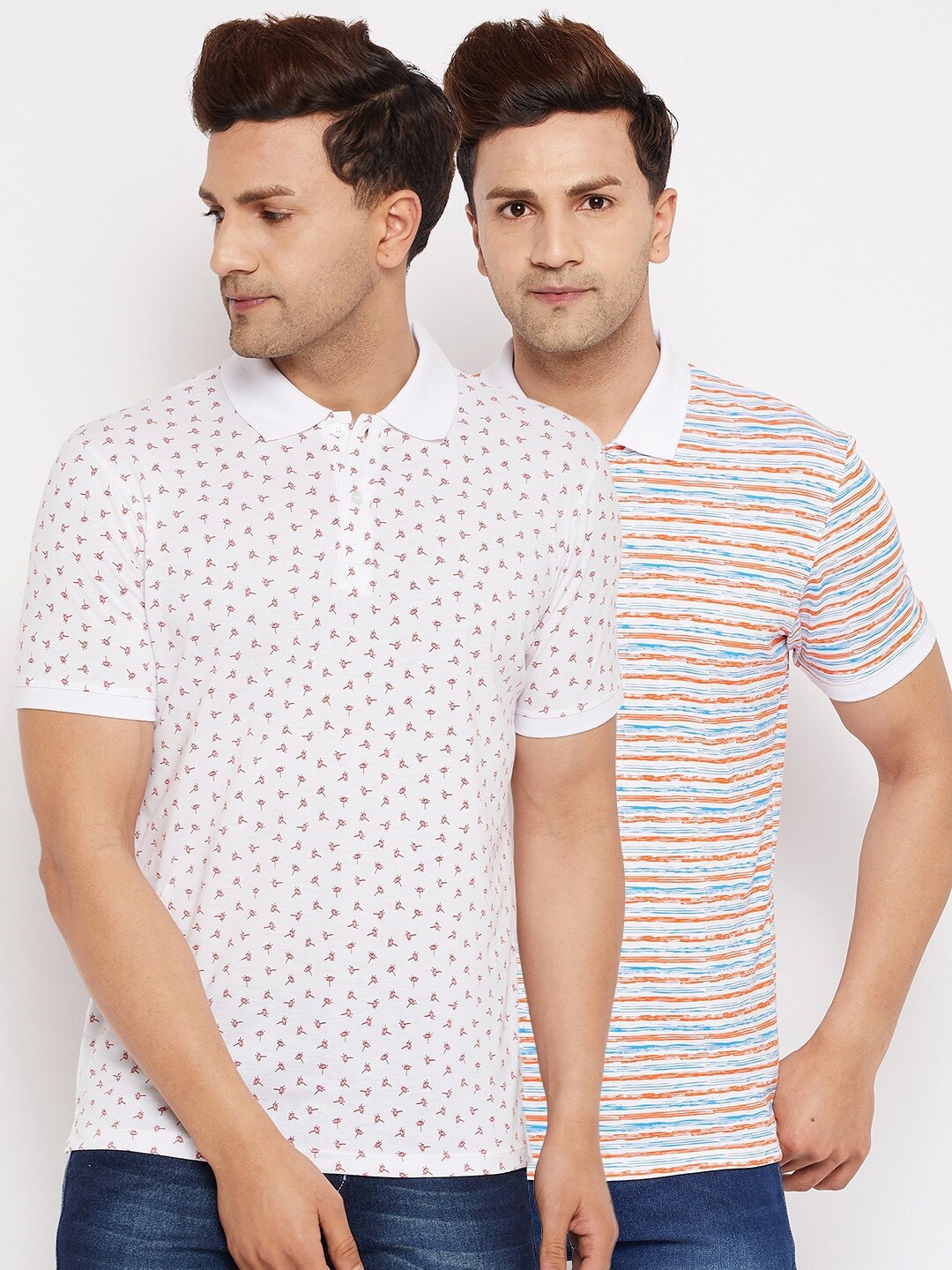 

WILD WEST Men White Set Of 2 Printed Polo Collar T-shirt