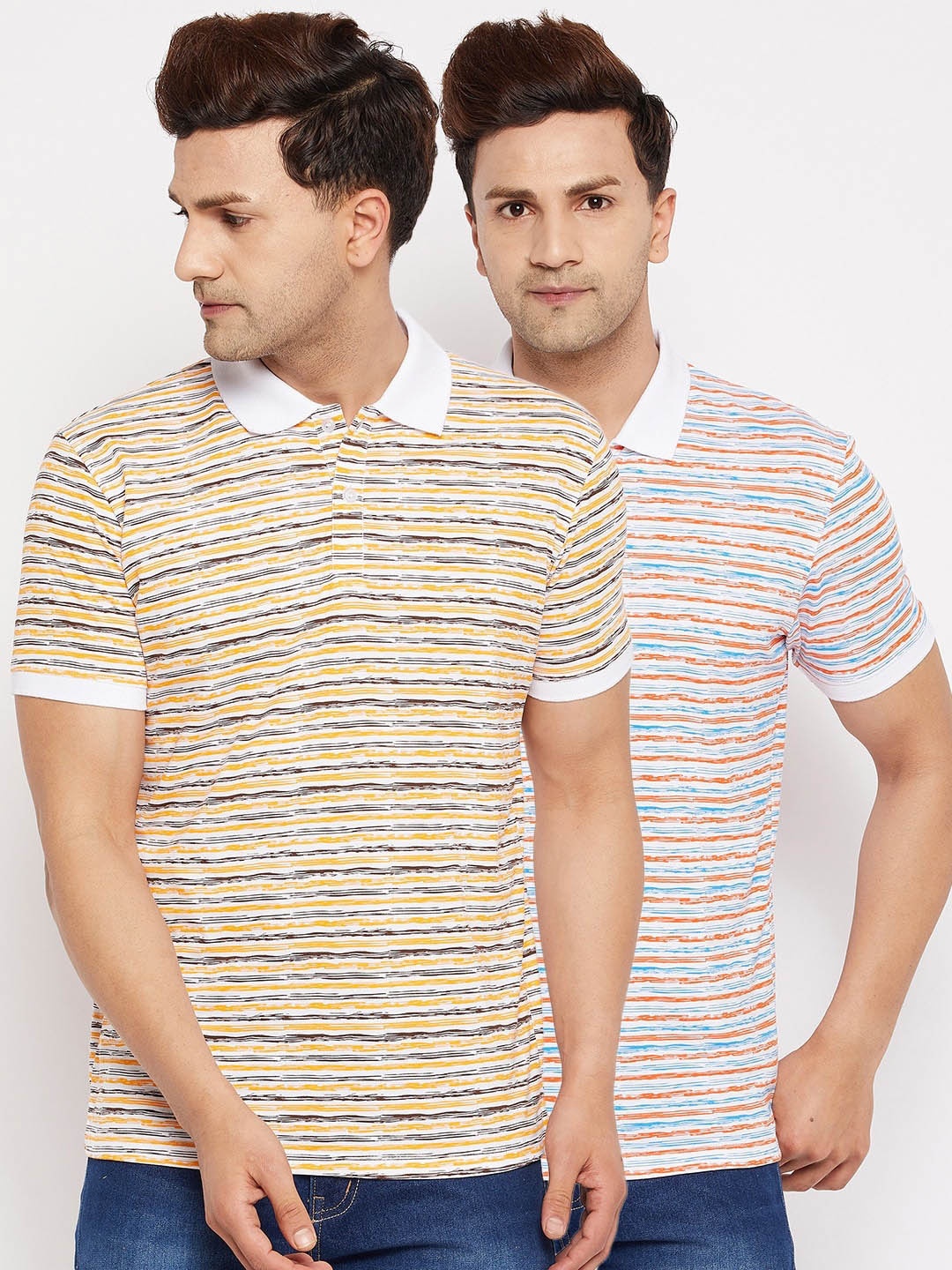 

WILD WEST Men White & Mustard Yellow Pack of 2 Striped Polo Collar T-shirt