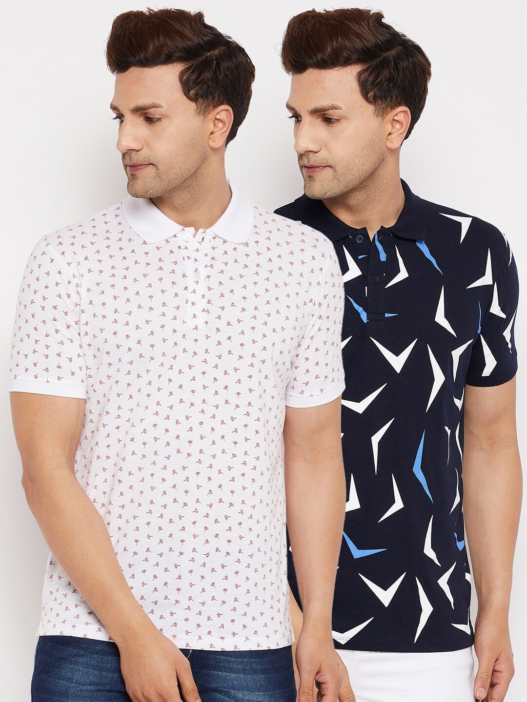 

WILD WEST Men White & Navy Blue Pack Of 2 Printed Polo Collar T-shirts