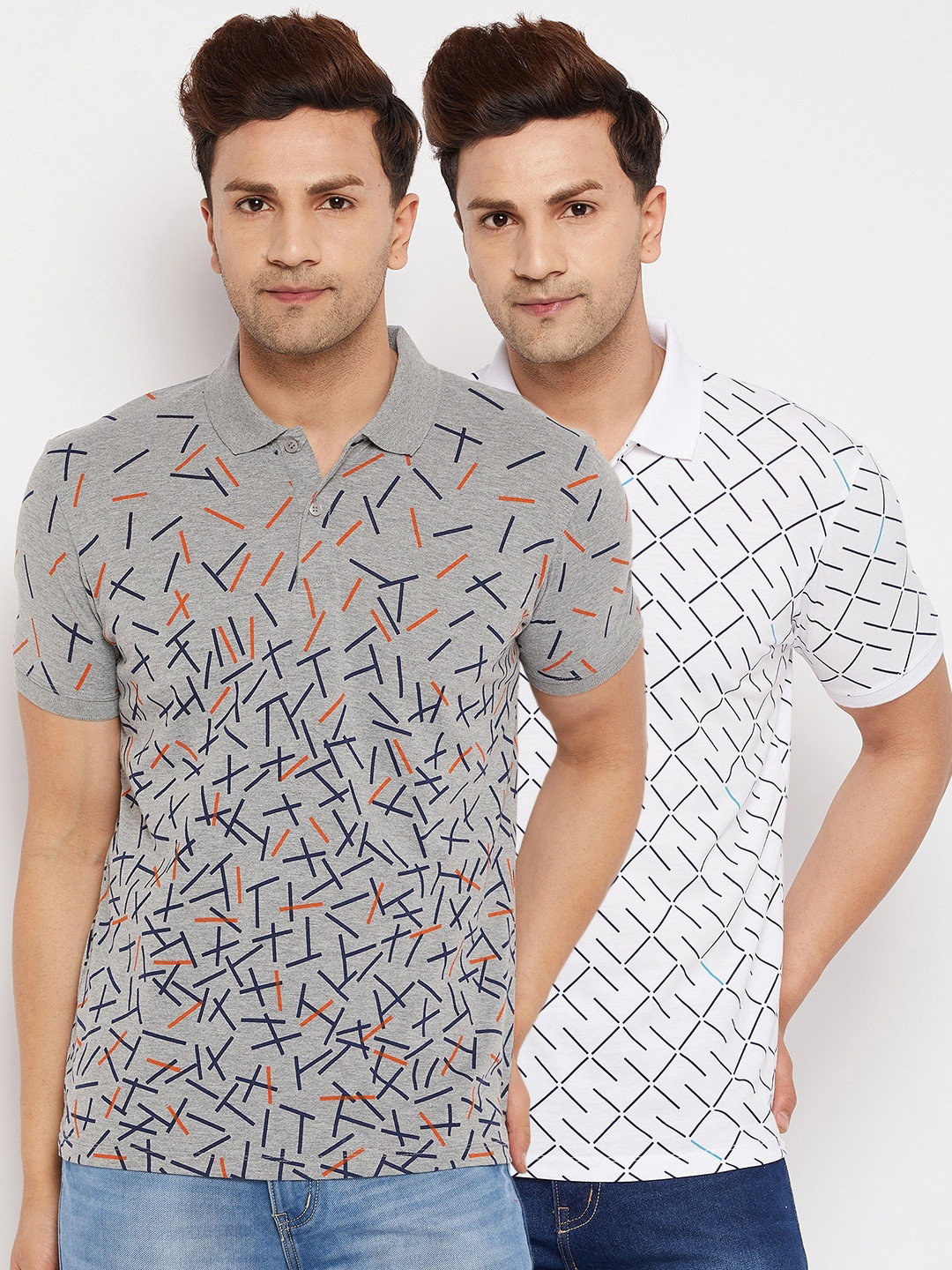 

WILD WEST Men Grey & White Set Of 2 Printed Polo Collar T-shirt