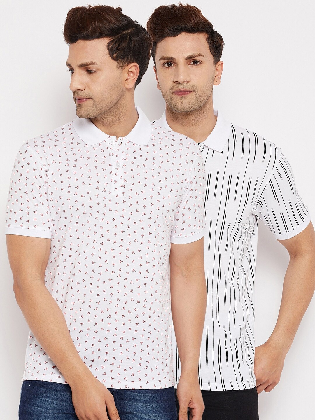 

WILD WEST Men White Set Of 2 Printed Polo Collar Cotton T-shirt