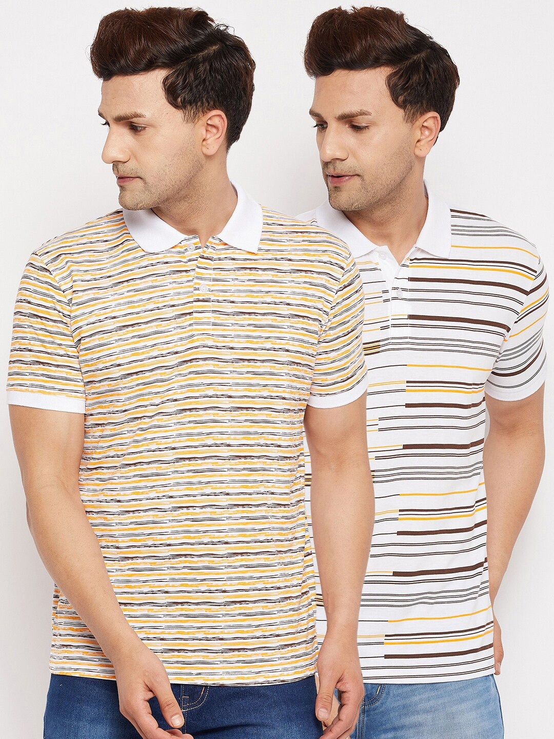 

WILD WEST Men White & Mustard Yellow Set Of 2 Striped Cotton Polo Collar T-shirt