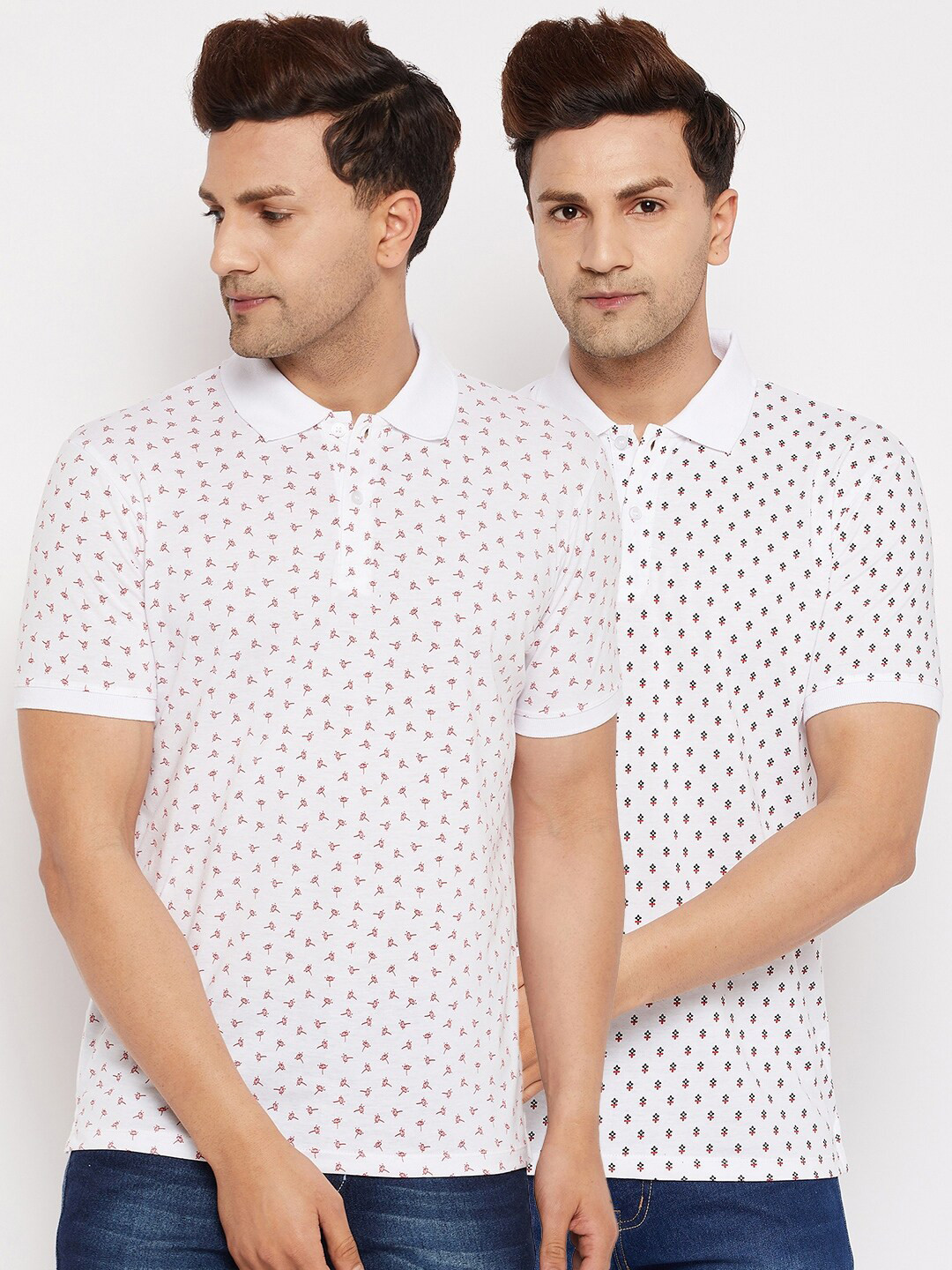 

WILD WEST Men White Set Of 2 Printed Cotton Polo Collar T-shirt