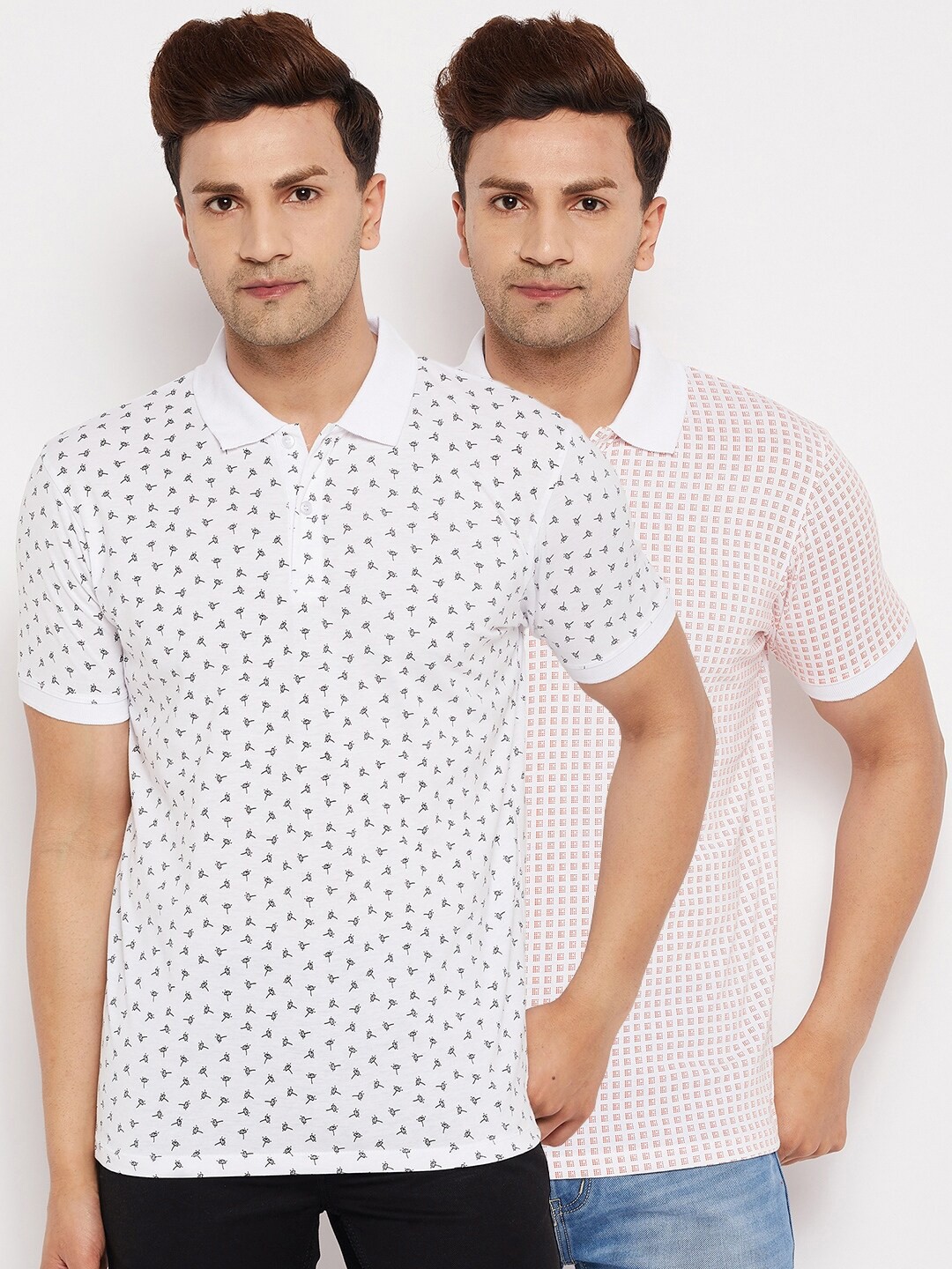 

WILD WEST Men White Set Of 2 Printed Polo Collar T-shirt
