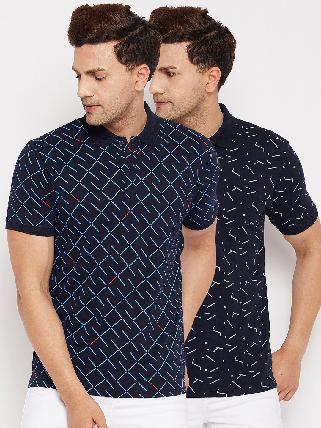 

WILD WEST Men Navy Blue Set Of 2 Checked Polo Collar T-shirt