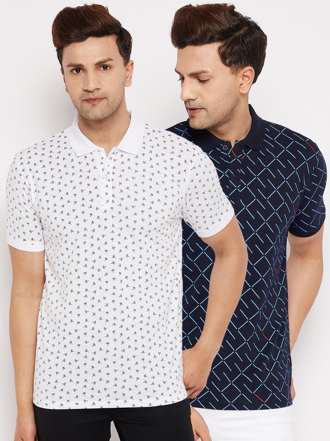 

WILD WEST Men White & Navy Blue Set Of 2 Printed Polo Collar T-shirt