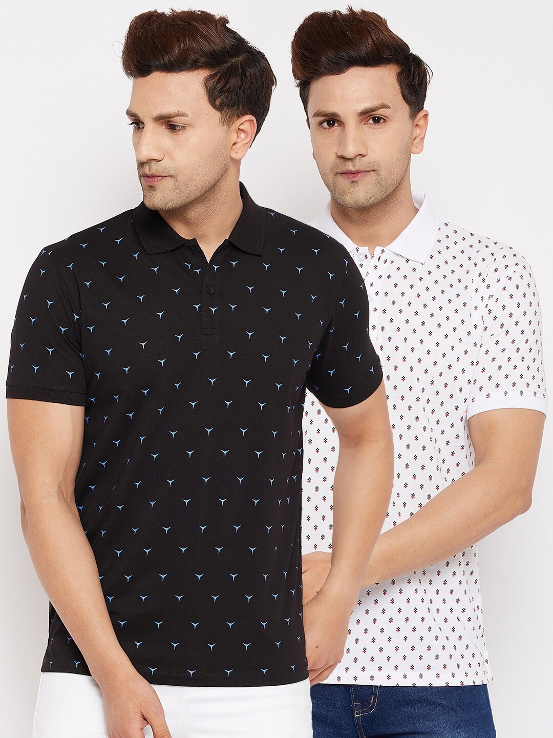

WILD WEST Men White & Black Set Of 2 Printed Polo Collar T-shirt