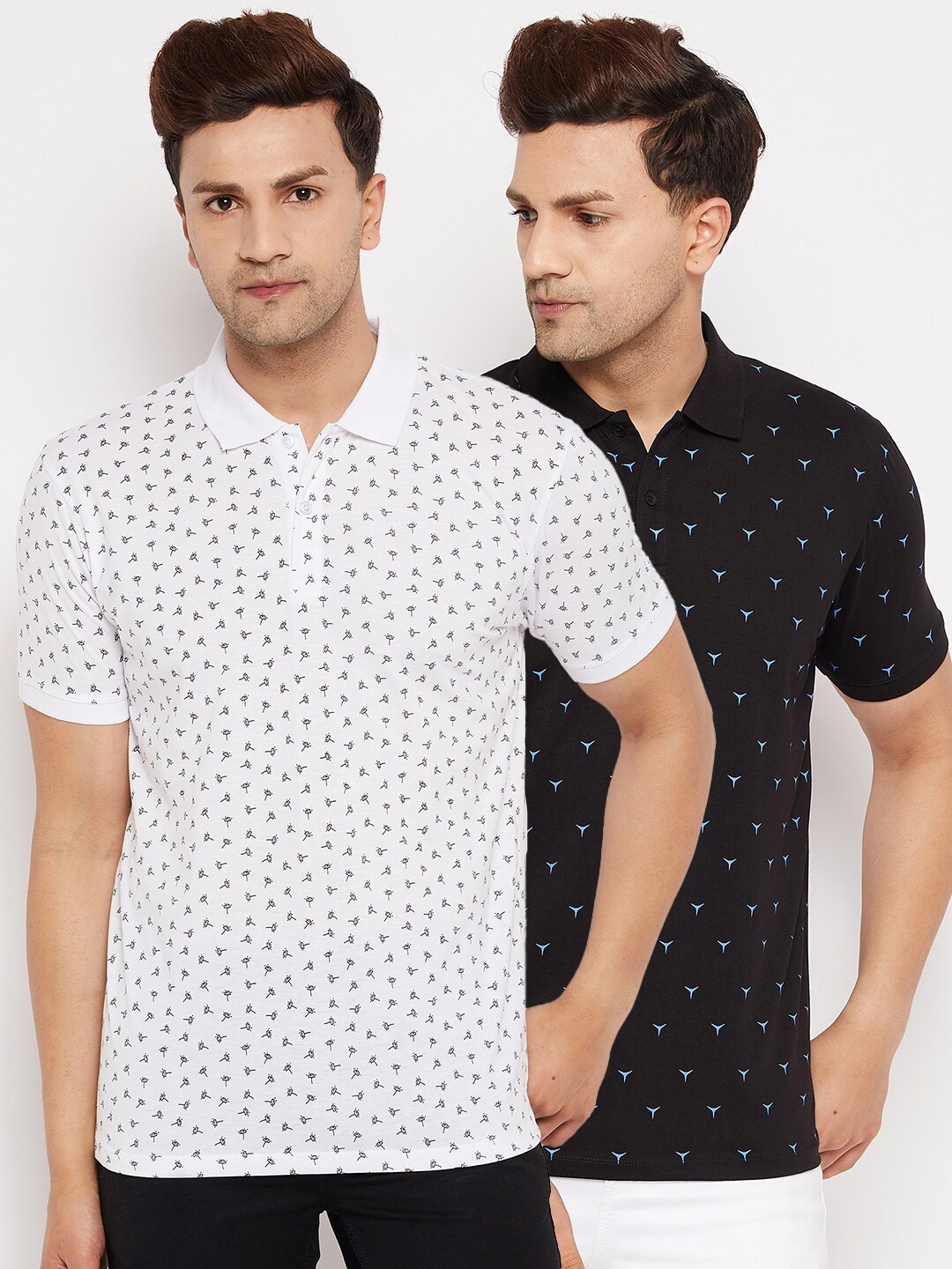 

WILD WEST Men White & Black Pack Of 2 Printed Polo Collar T-shirts