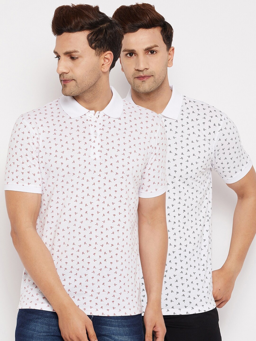 

WILD WEST Men White Set Of 2 Printed Polo Collar T-shirt