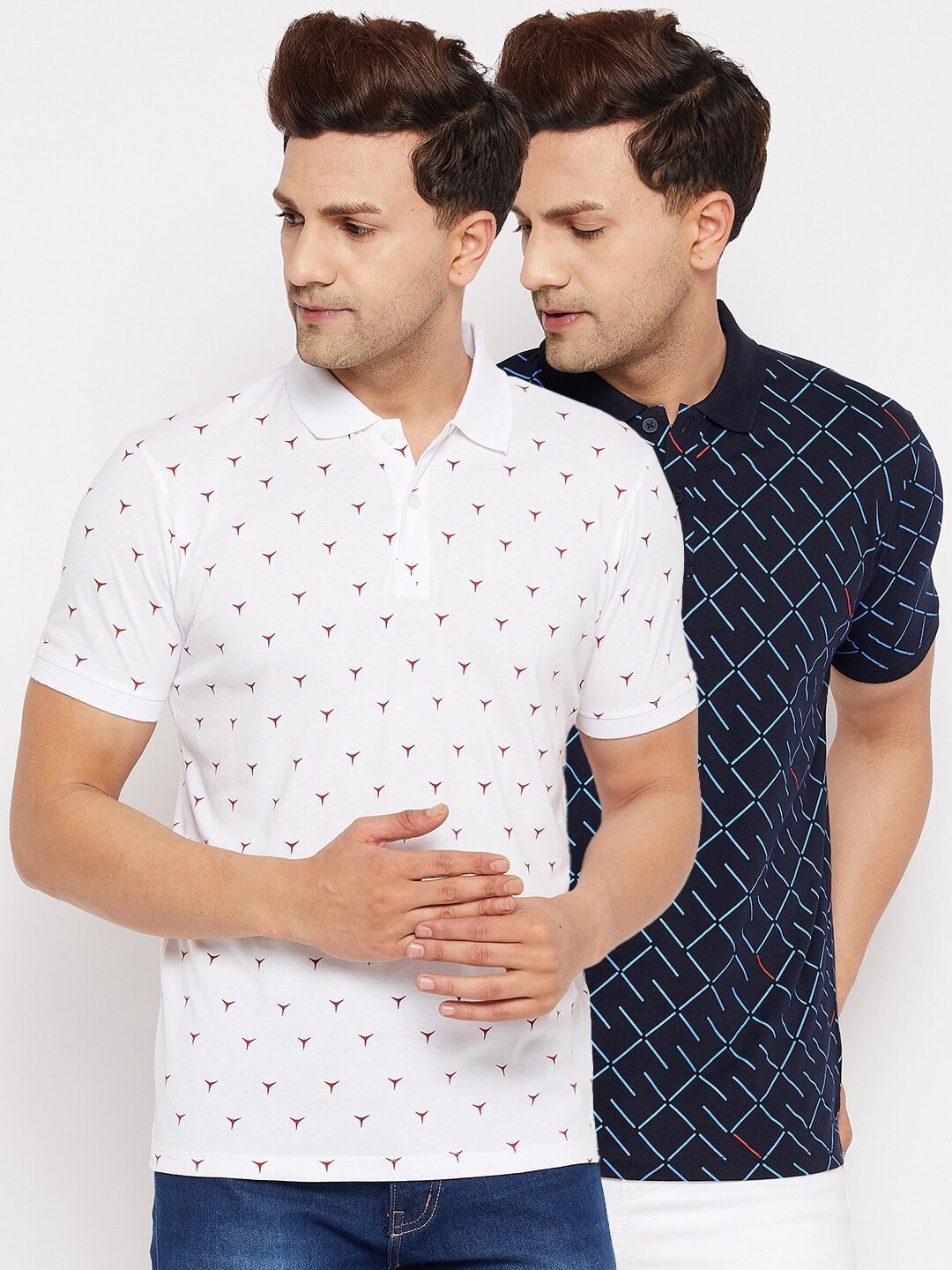 

WILD WEST Men White & Navy Blue Set Of 2 Printed Polo Collar T-shirt