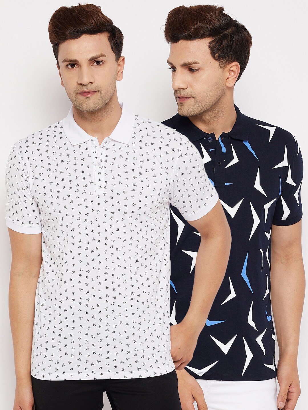 

WILD WEST Men White & Navy Blue Pack of 2 Printed Polo Collar T-shirt
