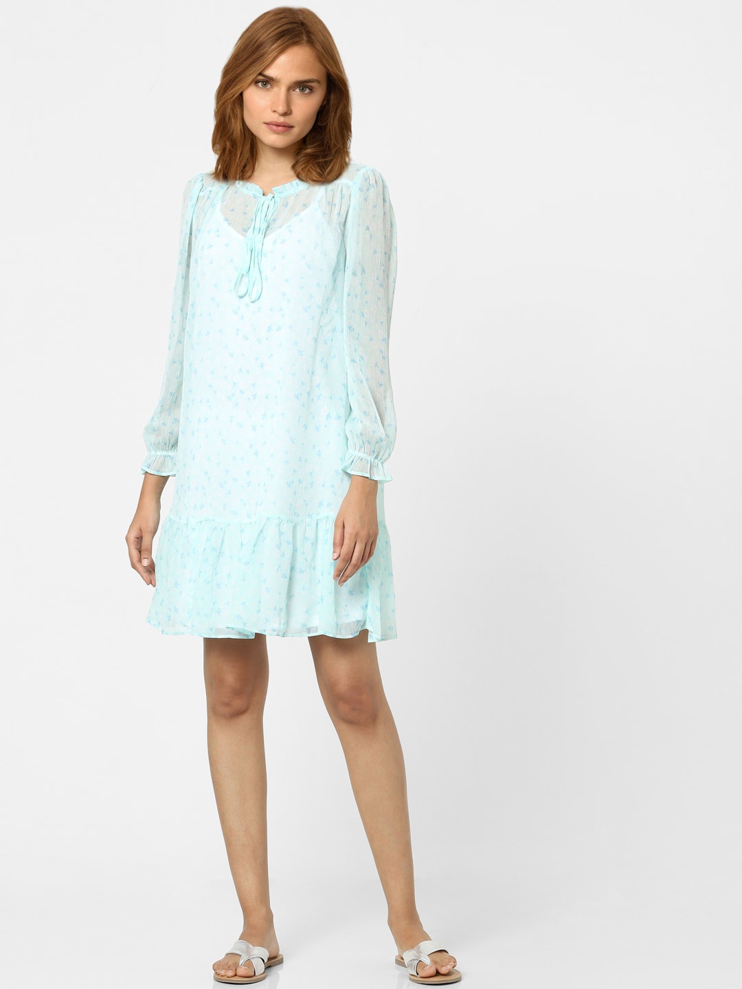 

Vero Moda Women Blue Tie-Up Neck Drop-Waist Dress