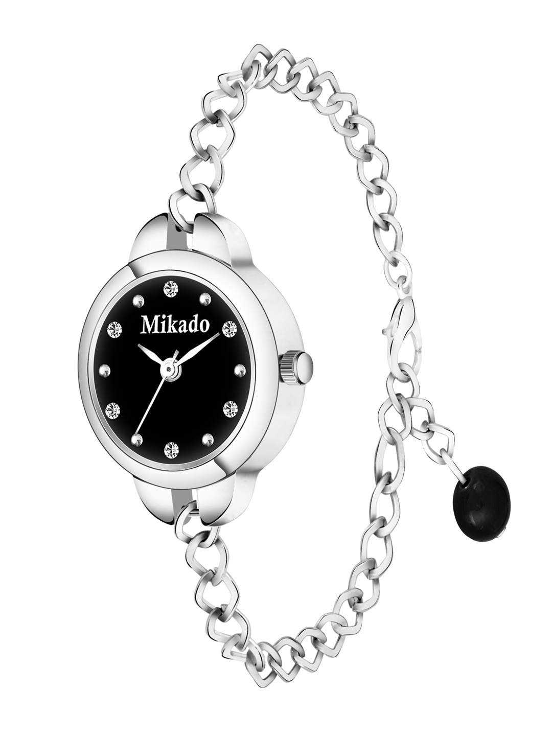 

Mikado Women Black Brass Embellished Dial & Silver Toned Stainless Steel Bracelet Style Straps Analogue Watch, Multi