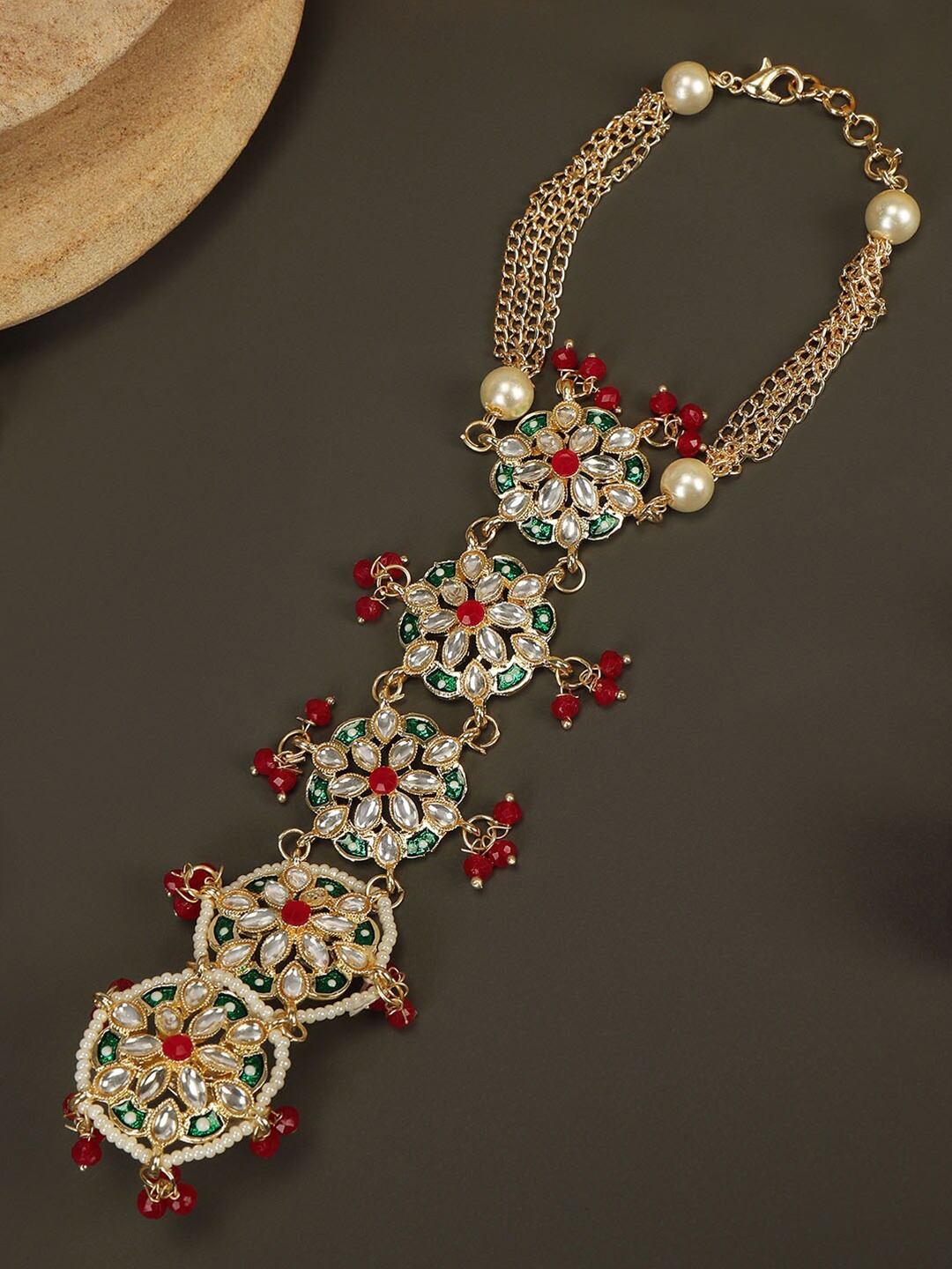 

AccessHer Women Gold-Toned & Red Brass Kundan Enamelled Gold-Plated Ring Bracelet