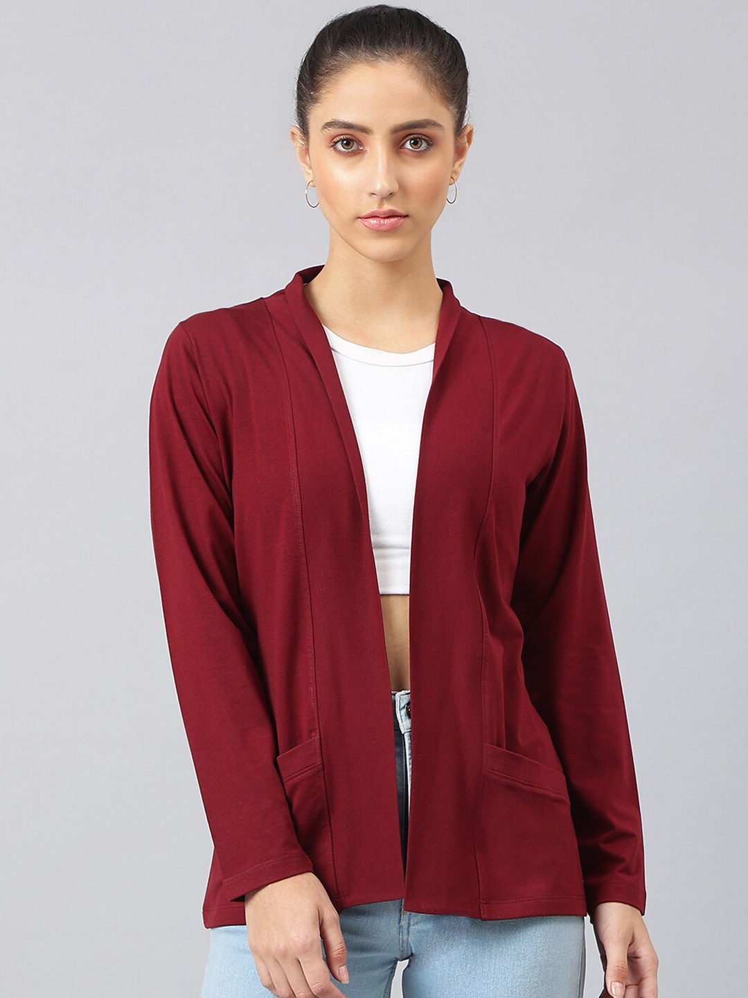 

FEMEA Women Maroon Longline Shrug