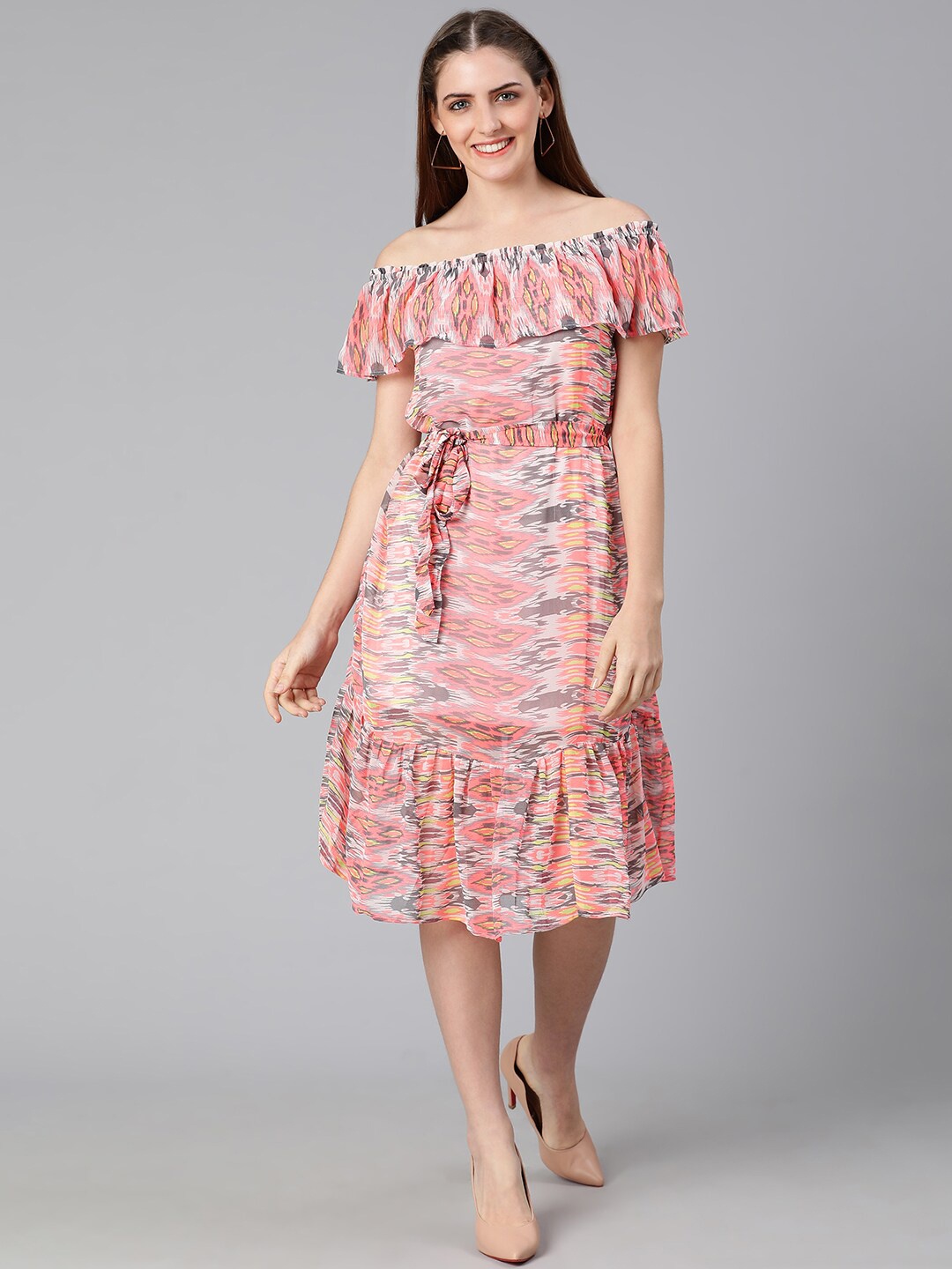 

Oxolloxo Multicoloured Printed Off-Shoulder A-Line Dress, Multi