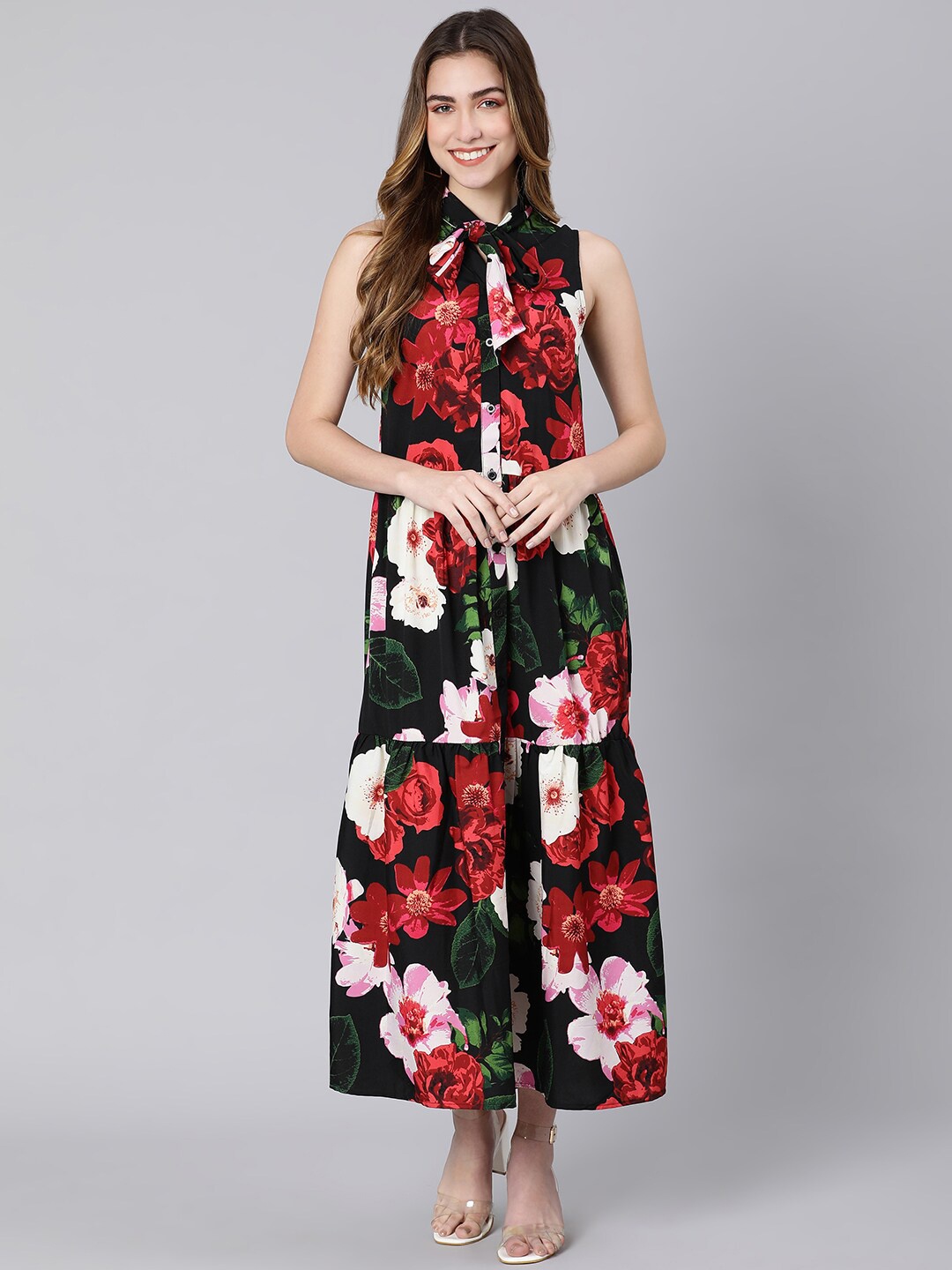 

Oxolloxo Black Floral Tie-Up Neck Satin Maxi Dress