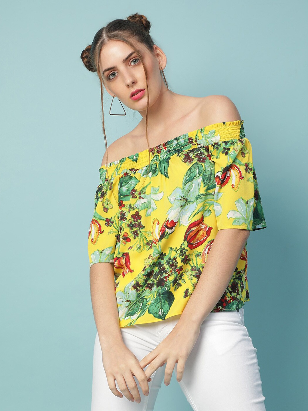 

Oxolloxo Women Yellow Floral Print Off-Shoulder Bardot Top