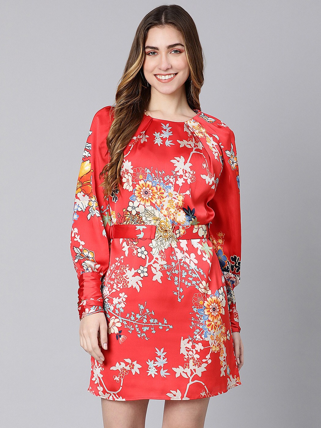 

Oxolloxo Women Red Floral Satin Sheath Dress
