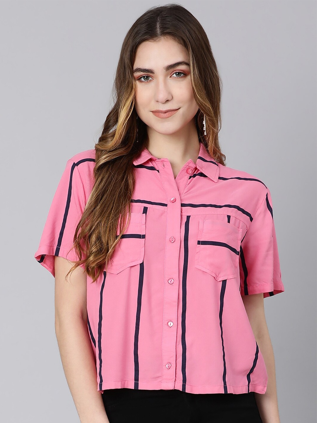 

Oxolloxo Women Pink & Black Classic Striped Casual Shirt