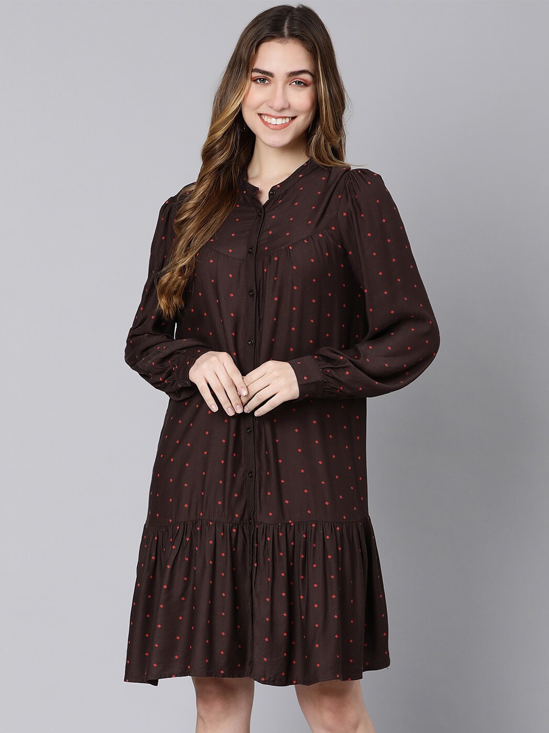 

Oxolloxo Women Brown Polka Dot Printed Crepe A-Line Dress