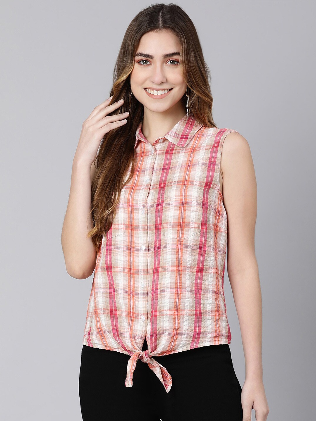 

Oxolloxo Women Pink & Orange Classic Checked Casual Shirt