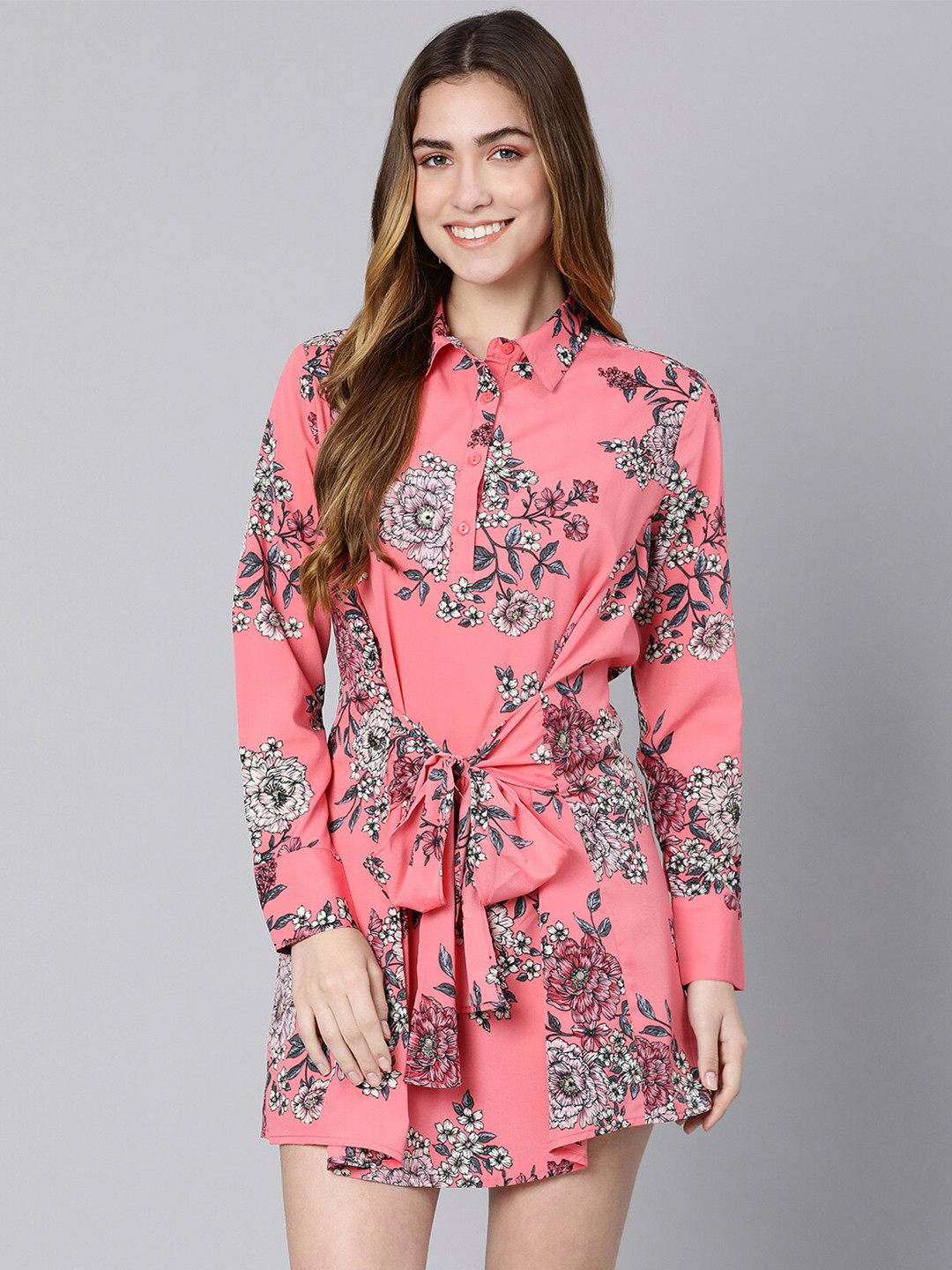 

Oxolloxo Women Coral Floral Printed Satin Mini Shirt Dress