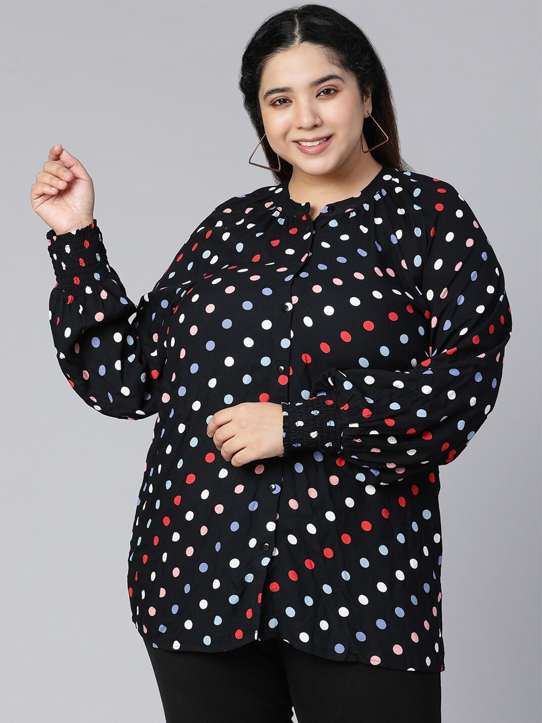 

Oxolloxo Women Plus Size Multicoloured Polka Dot Print Crepe Shirt Style Top, Multi