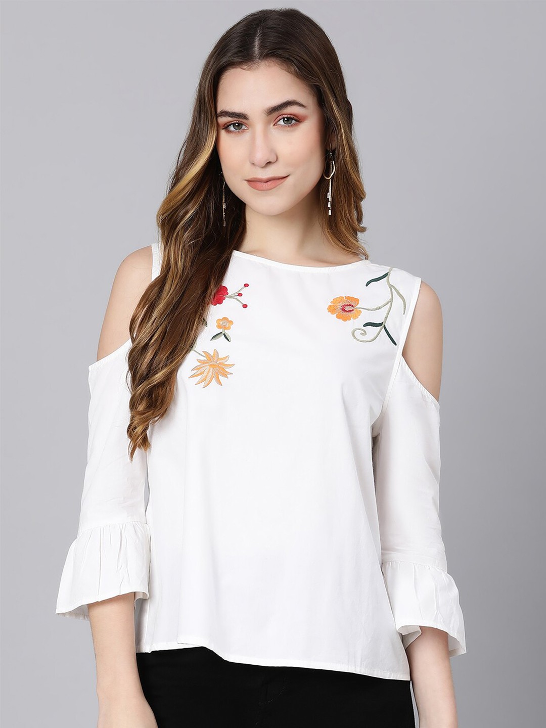 

Oxolloxo Women White Floral Embroidered Styled Back Top