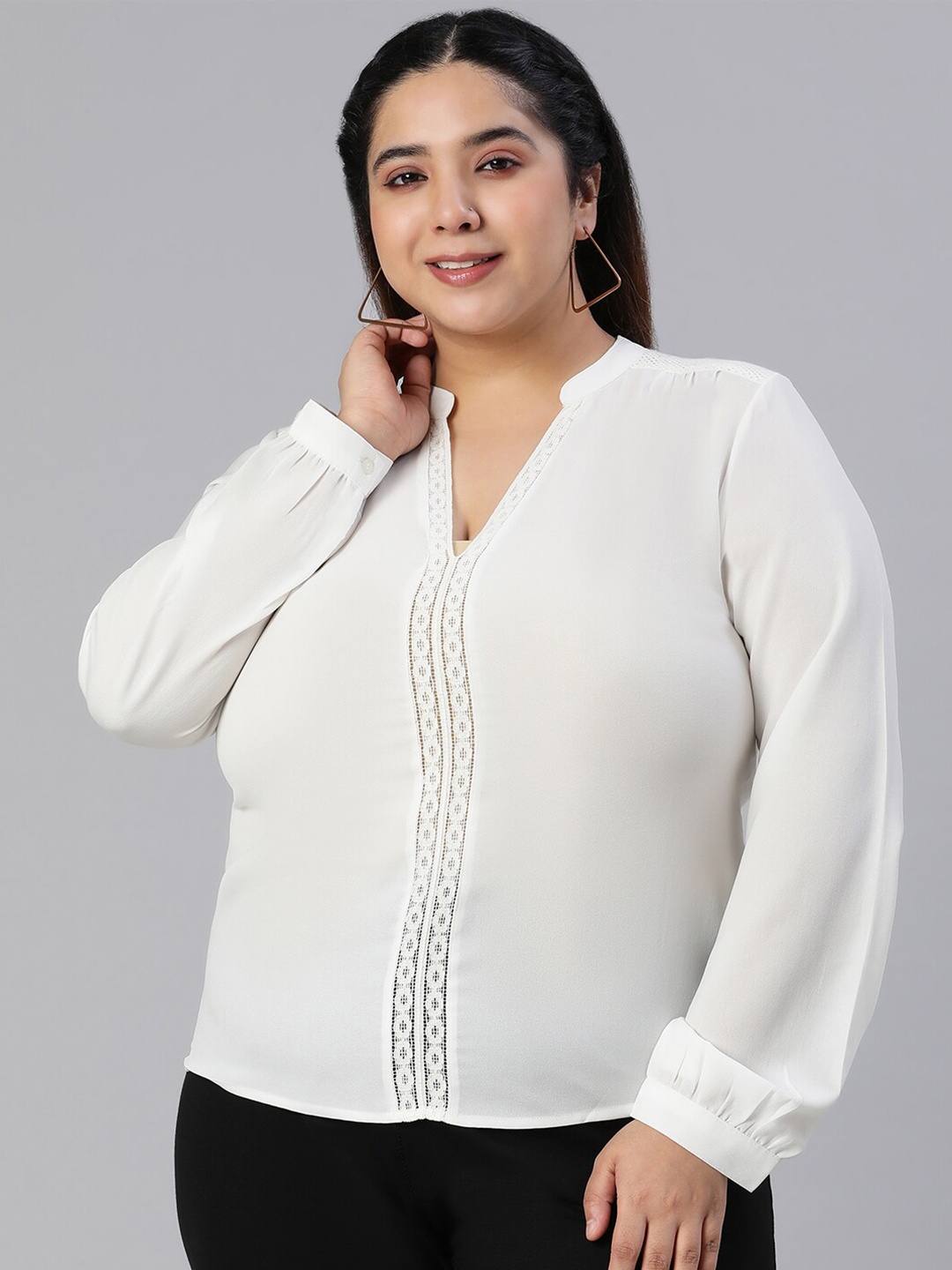 

Oxolloxo Women Plus Size White Mandarin Collar Shirt Style Top