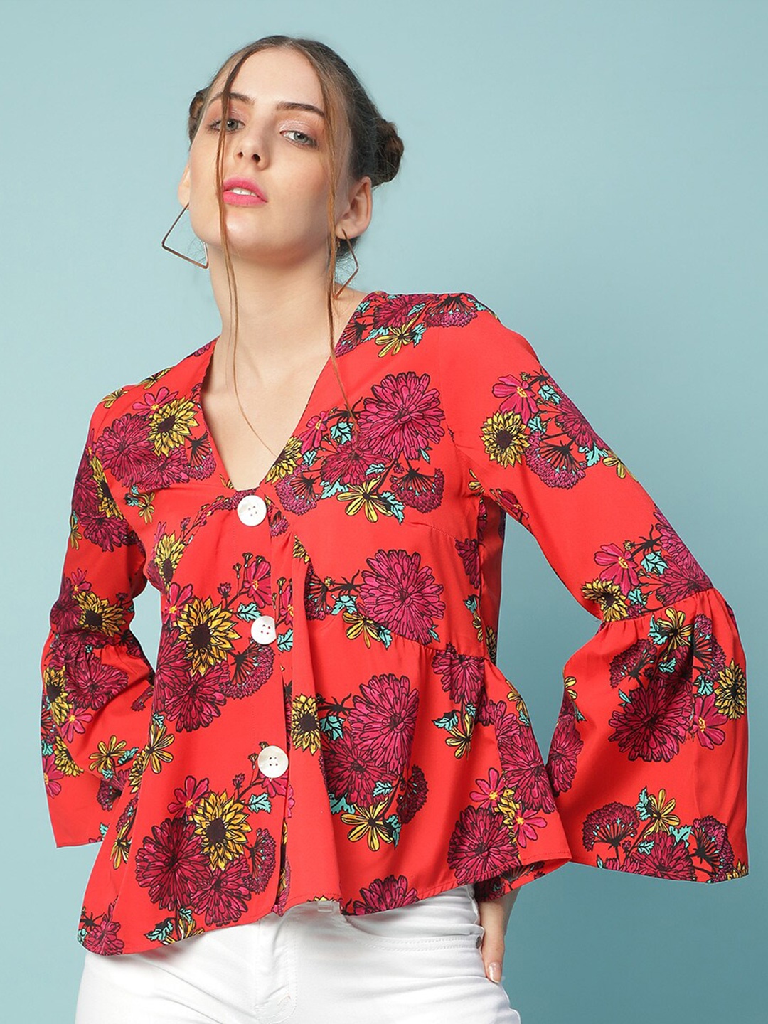 

Oxolloxo Women Red Floral Print Ruffles Empire Top