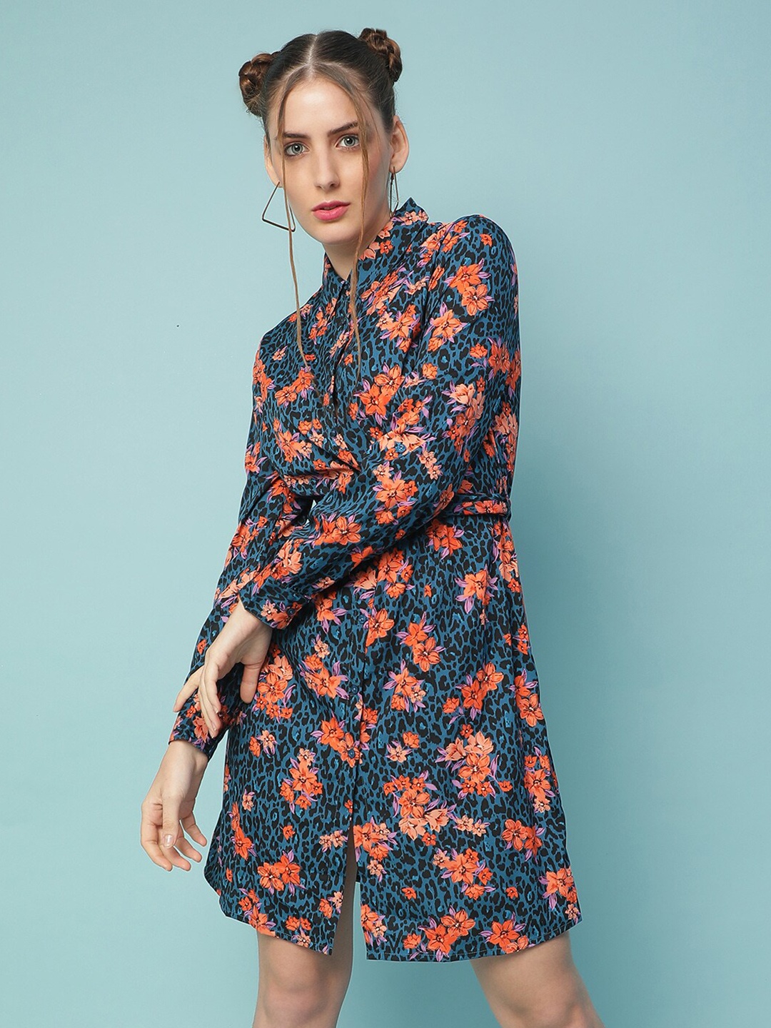 

Oxolloxo Teal Floral Print Shirt Dress