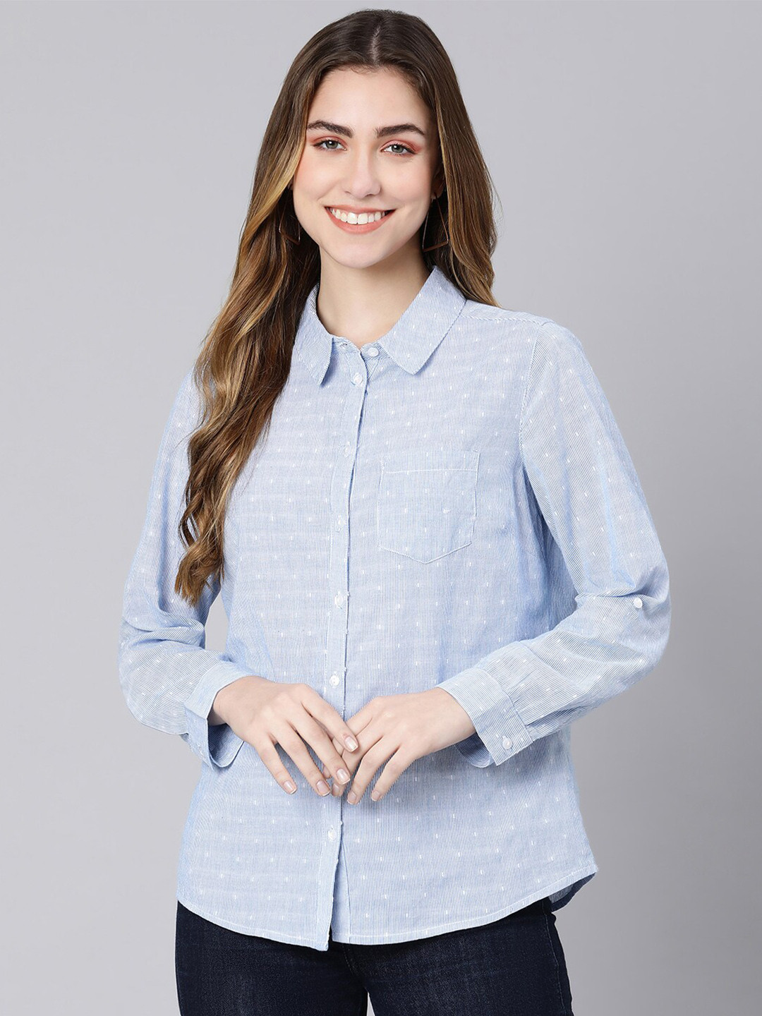 

Oxolloxo Women Blue Classic Striped Cotton Casual Shirt