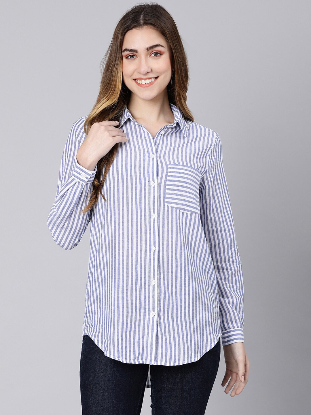 

Oxolloxo Women Blue Classic Striped Casual Shirt