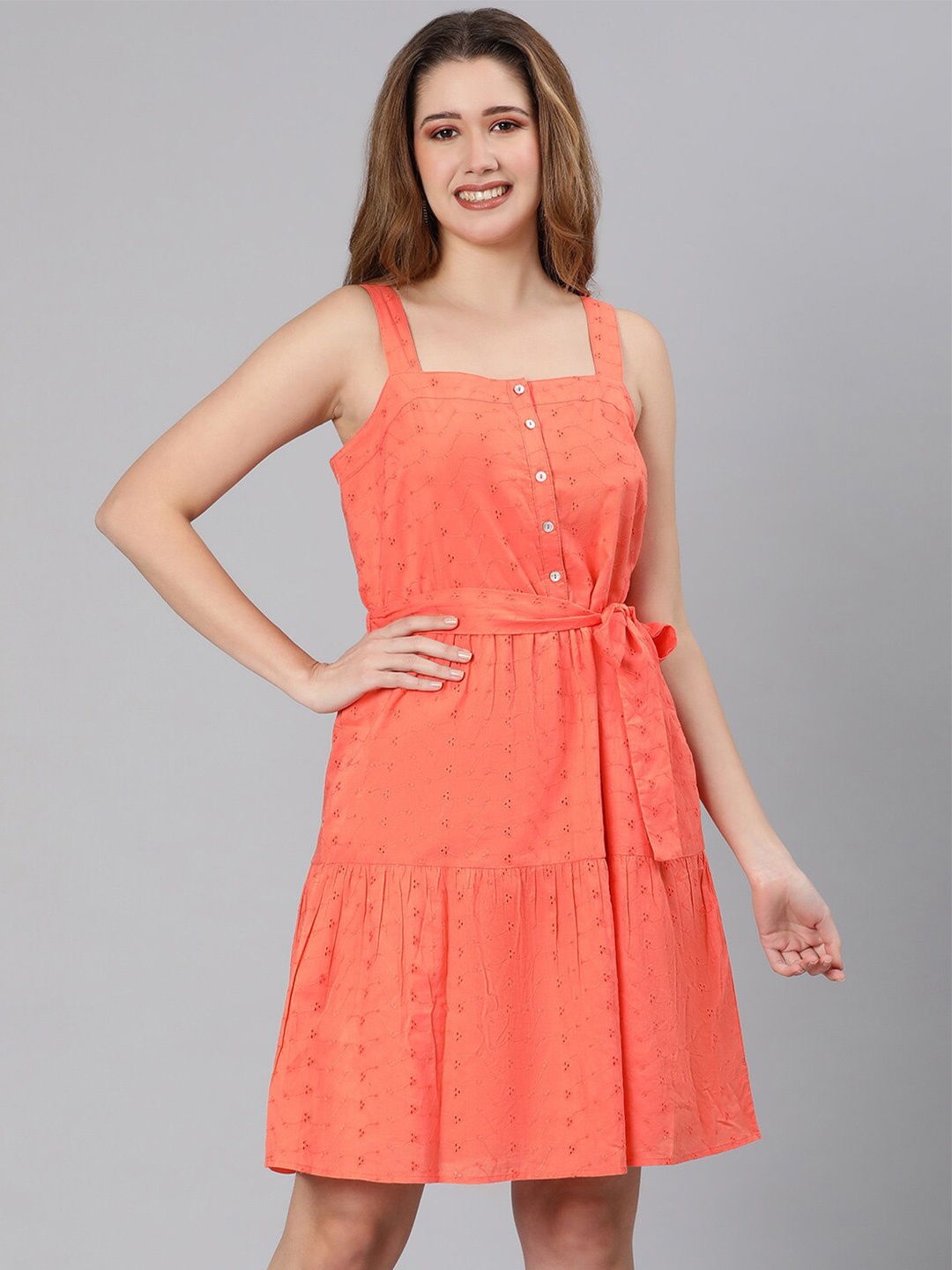 

Oxolloxo Women Orange Schiffli A-Line Dress