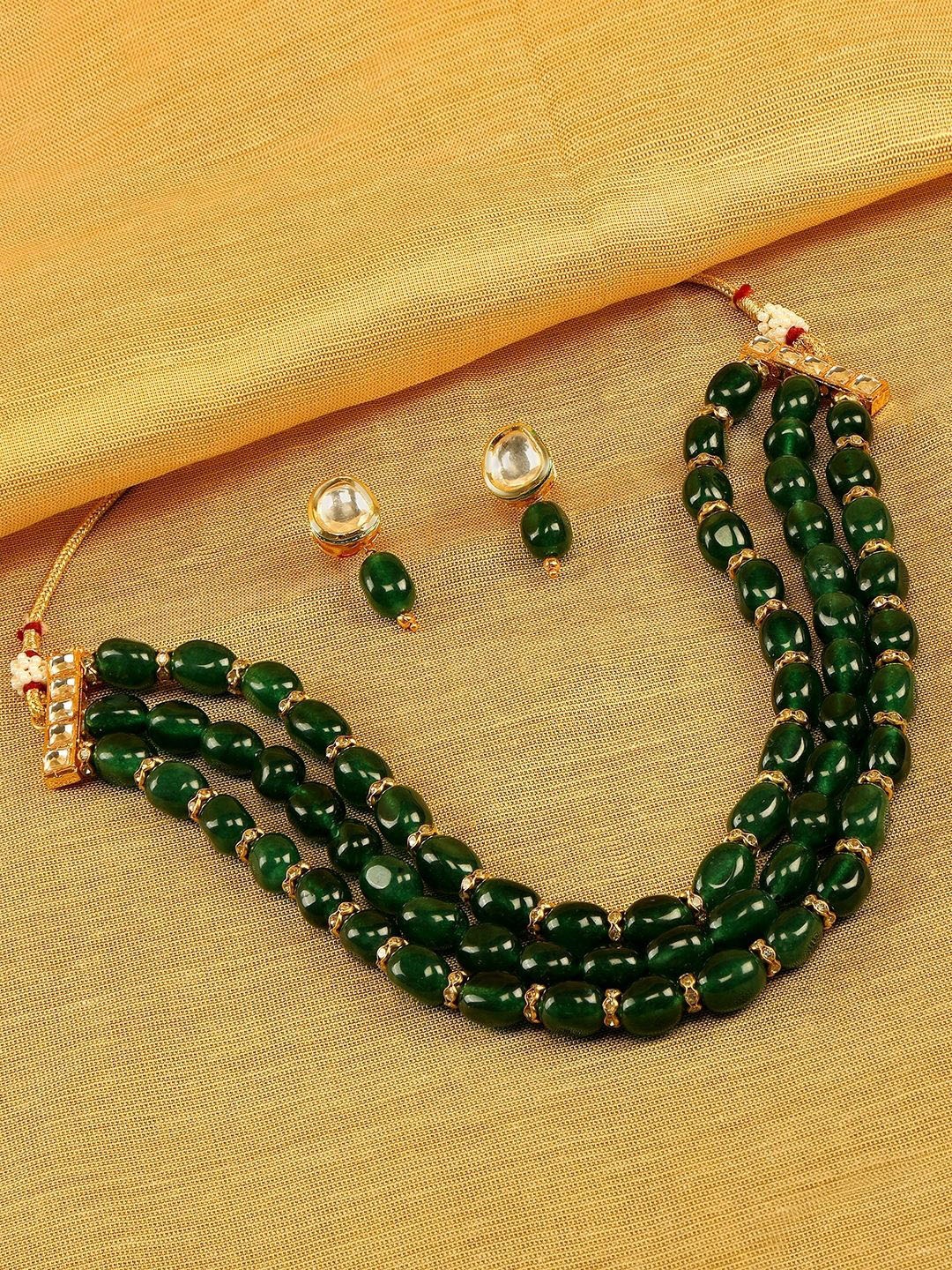 

AccessHer Gold-Plated Green Beaded & Kundan Studded Jewellery Set