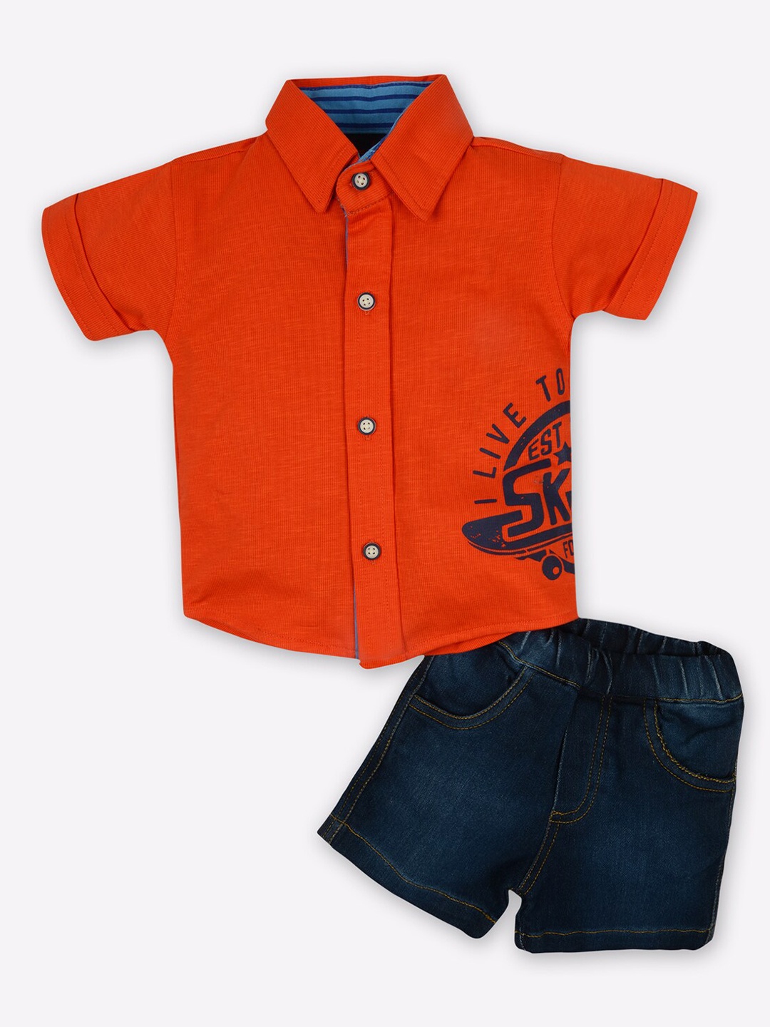 

Little County Boys Orange & Navy Blue Printed Cotton Shirt with Shorts