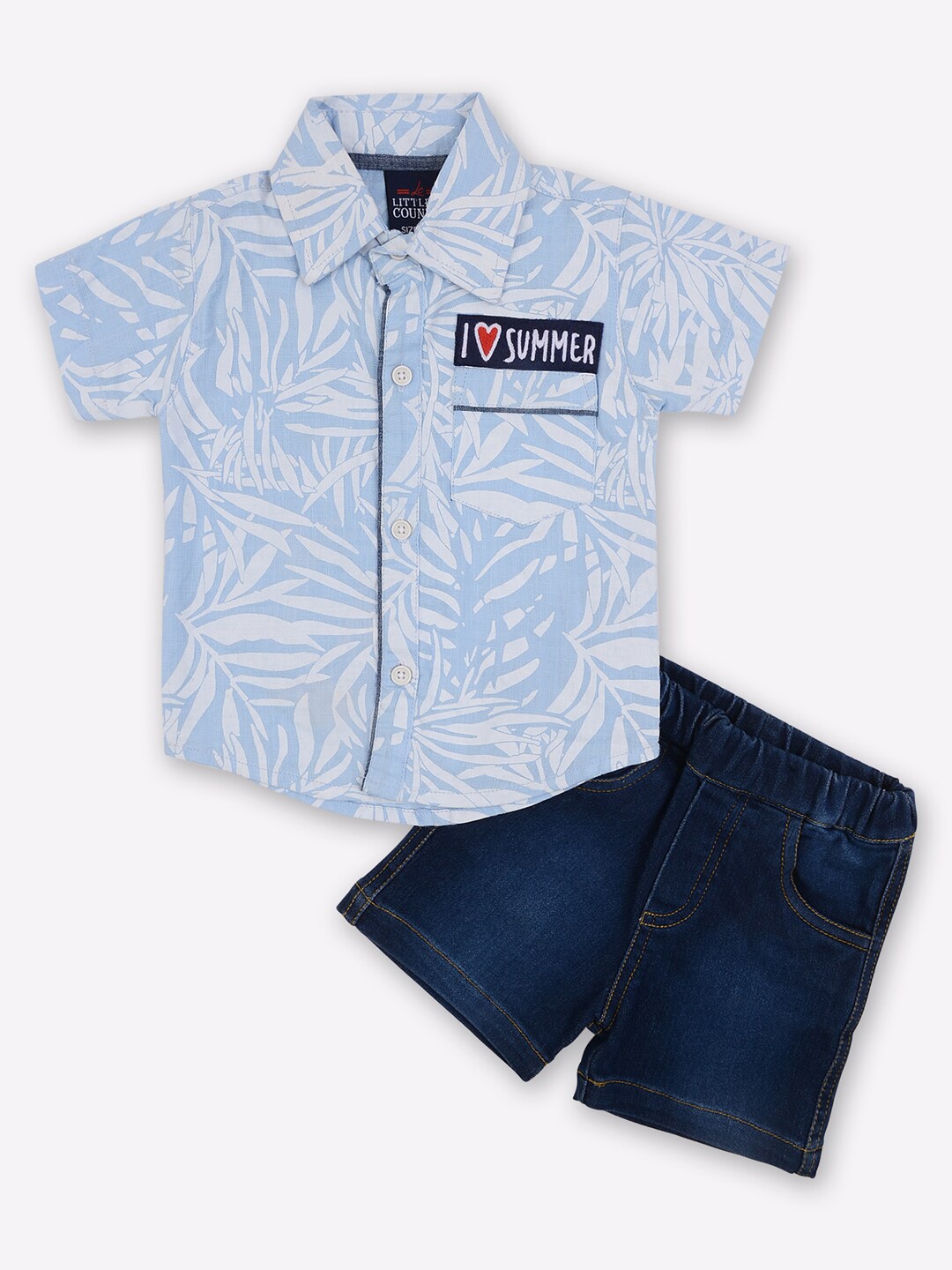 

Little County Boys Blue & Off White Pure Cotton Printed Shirt with Denim Shorts