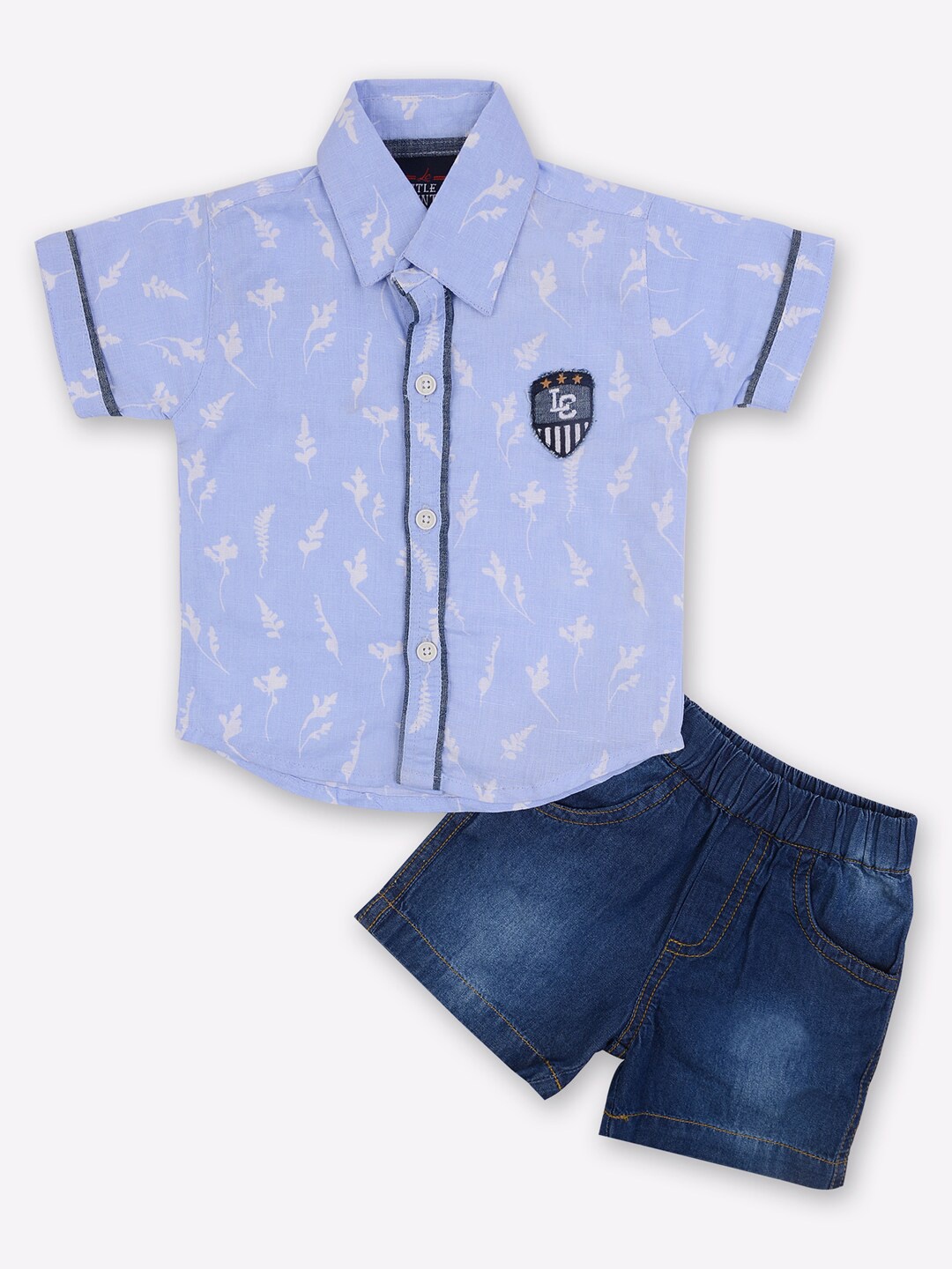 

Little County Boys Blue Printed Pure Cotton T-shirt with Denim Shorts