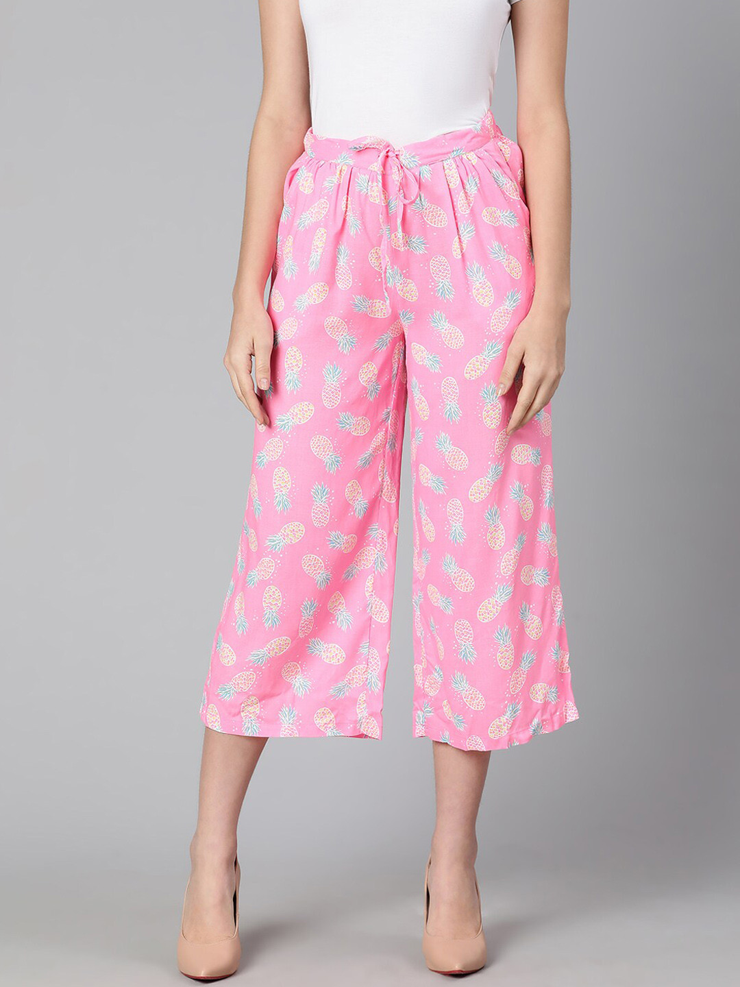

Oxolloxo Women Pink Floral Printed Relaxed Easy Wash Culottes Trousers