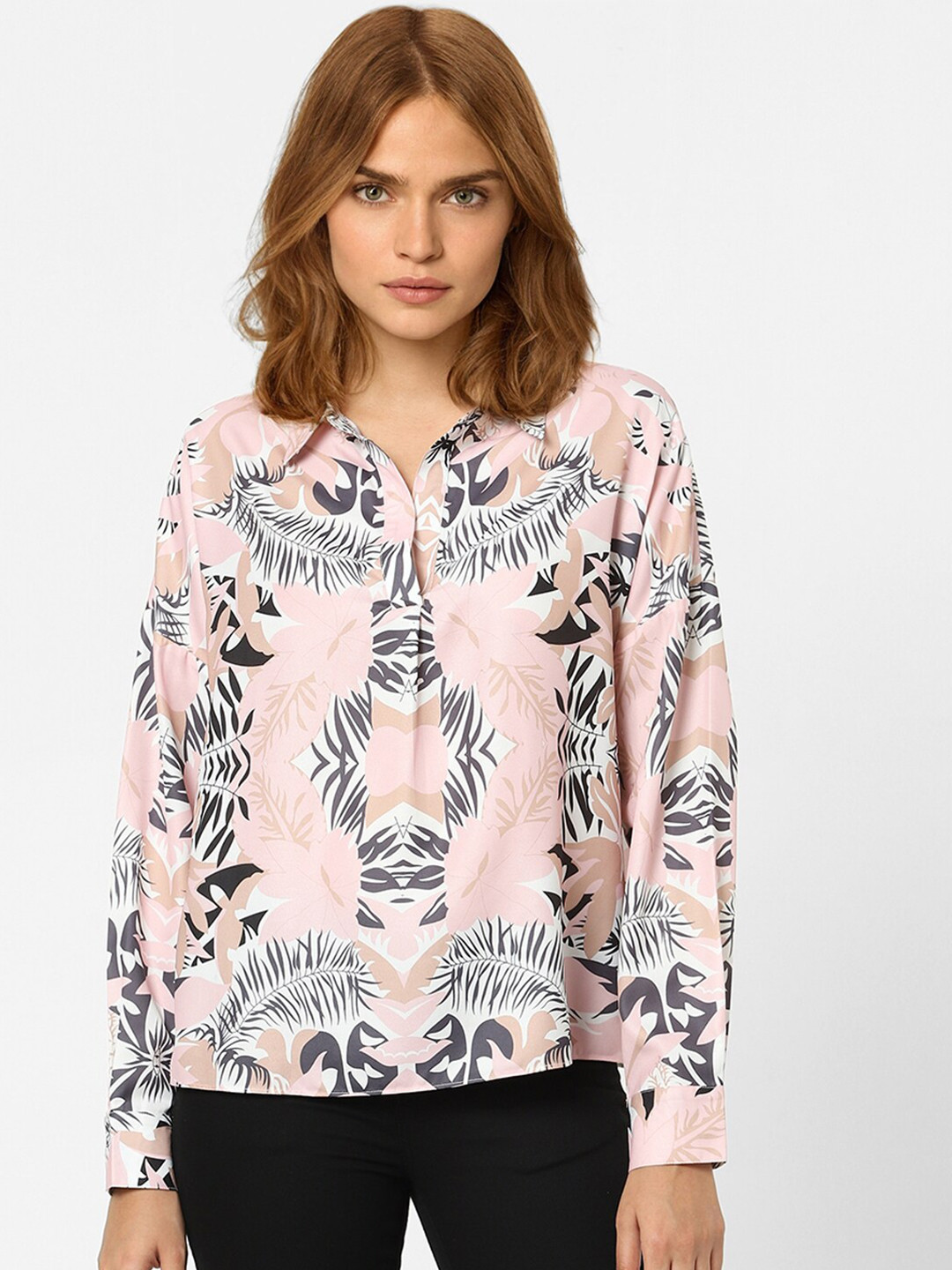

Vero Moda Women Pink Tropical Print Tropical Shirt Style Top