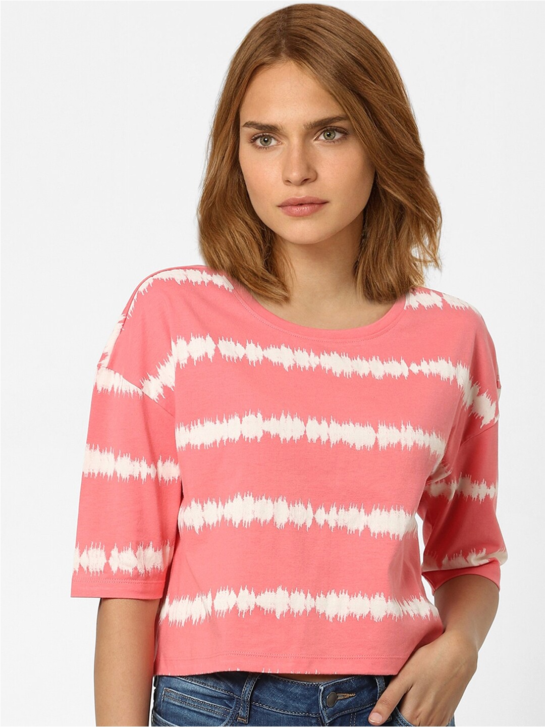 

Vero Moda Women Pink Tie and Dye Dyed Cotton T-shirt