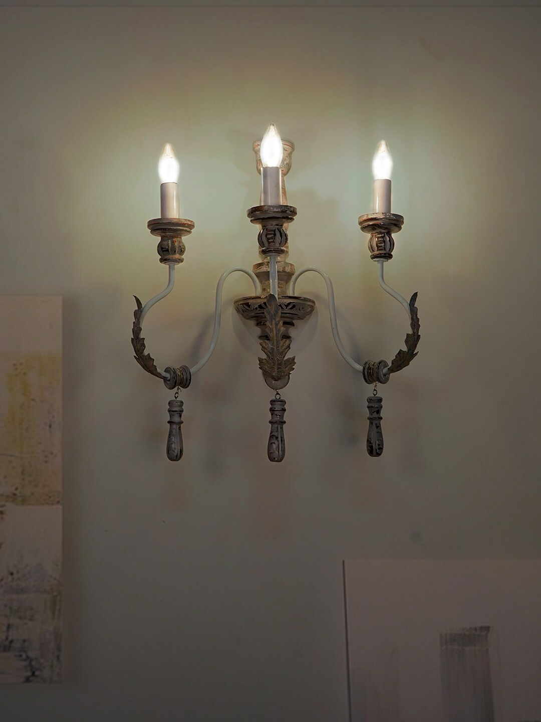 

Fos Lighting Grey Provincial Style Wood and Wrought Iron 3 Light Candelabra Wall Sconce