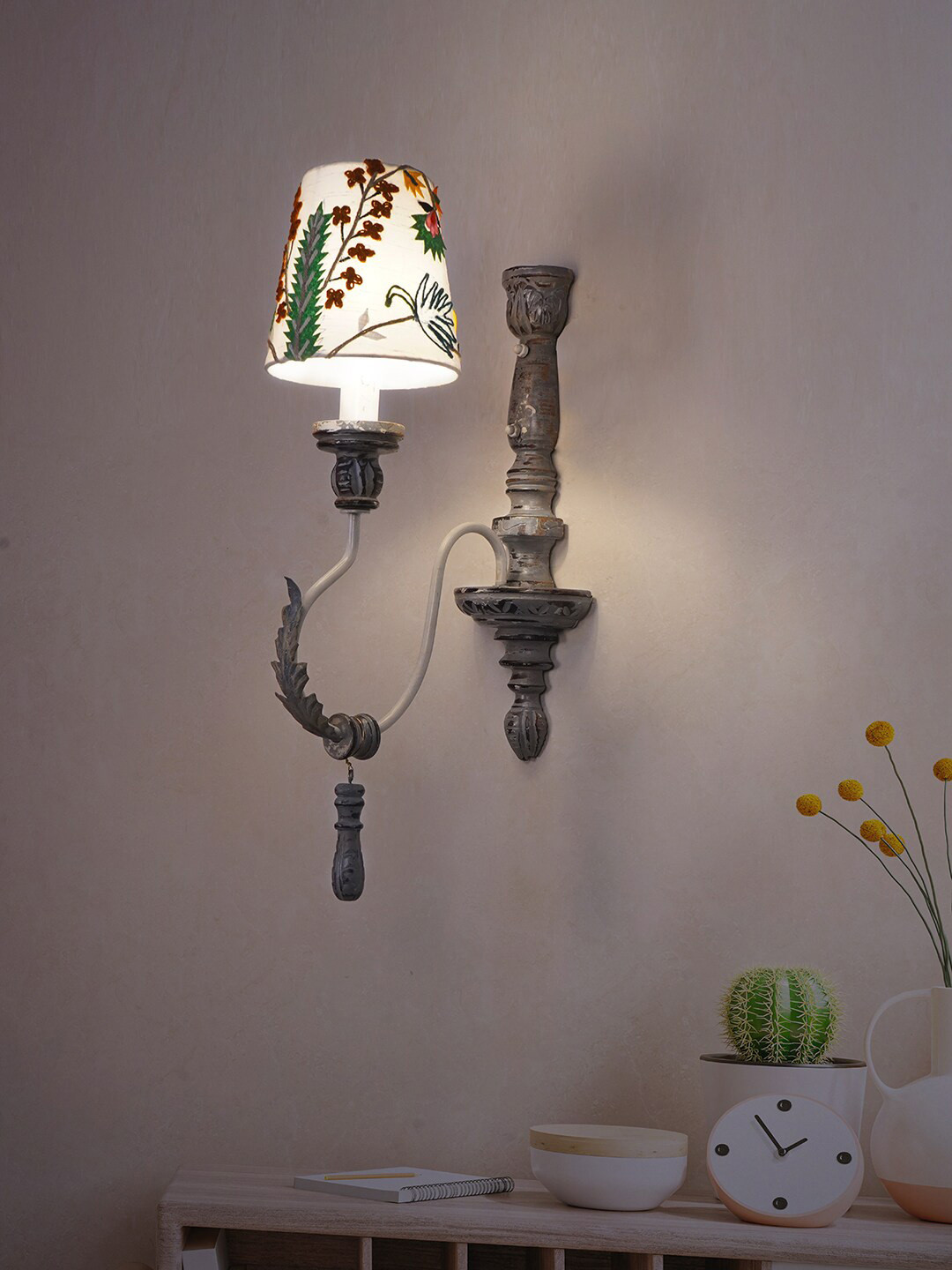 

Fos Lighting Grey & White Parisian Single Light Wooden Wall Sconce with Embroidered Shades