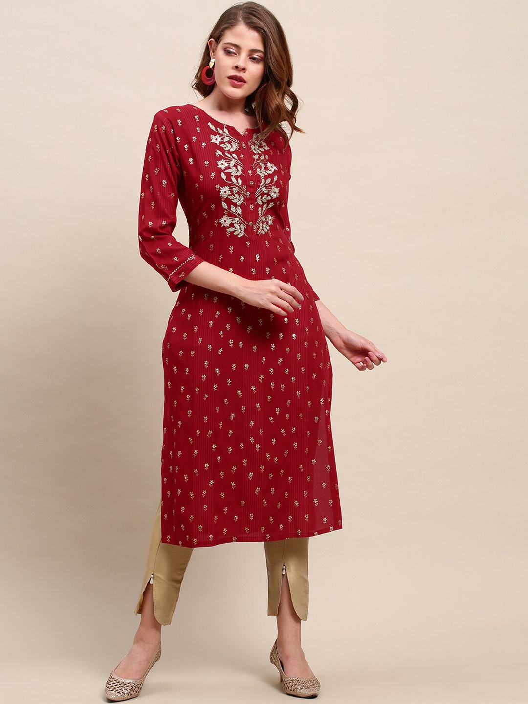 

FASHOR Women Red & Golden Floral Embroidered Kurta