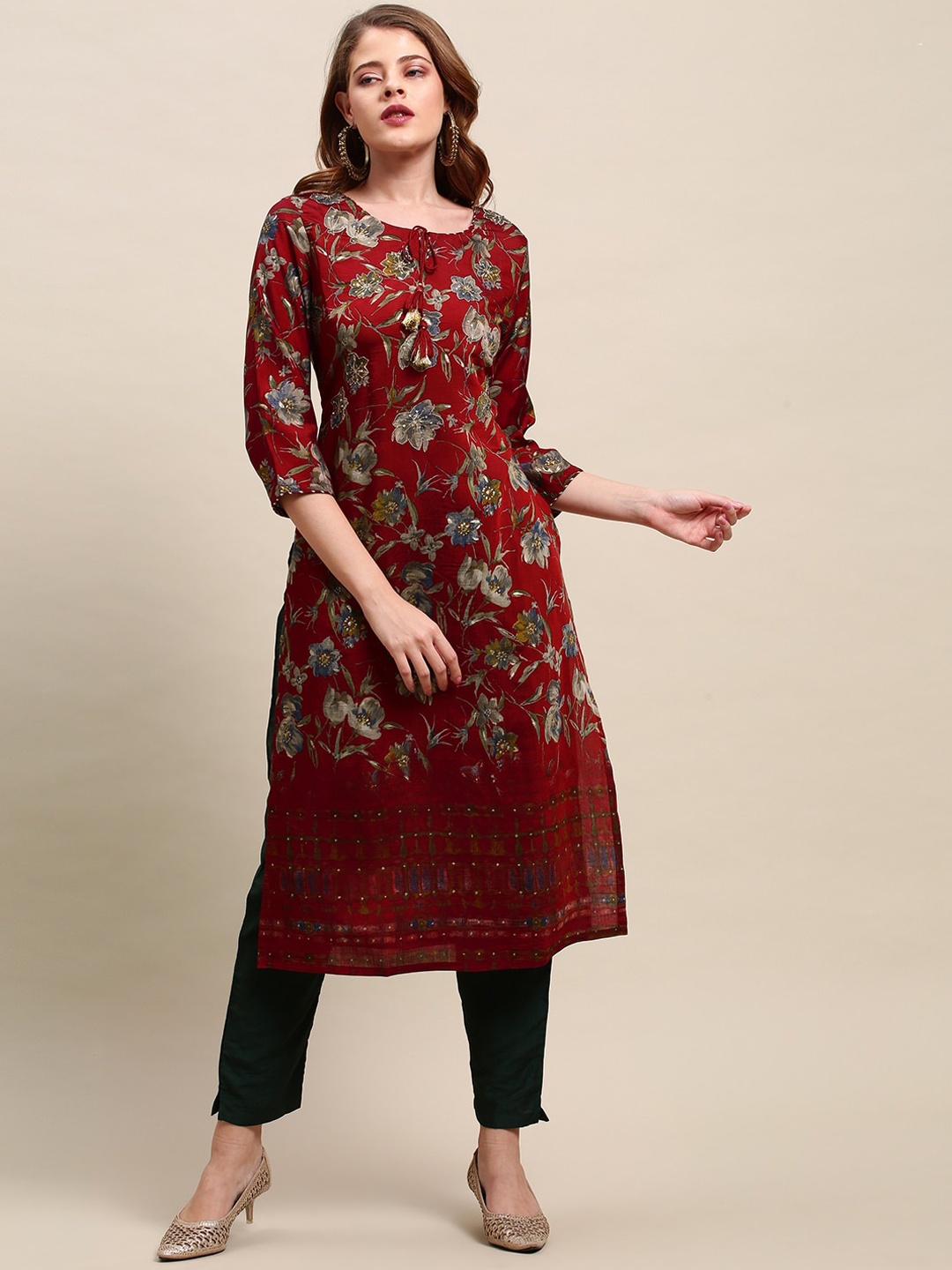 

FASHOR Women Red & Blue Ethnic Motifs Printed Zari Muslin Silk Kurta