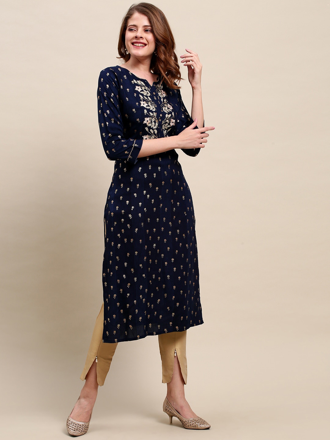 

FASHOR Women Navy Blue Ethnic Motifs Printed Thread Work Kurta
